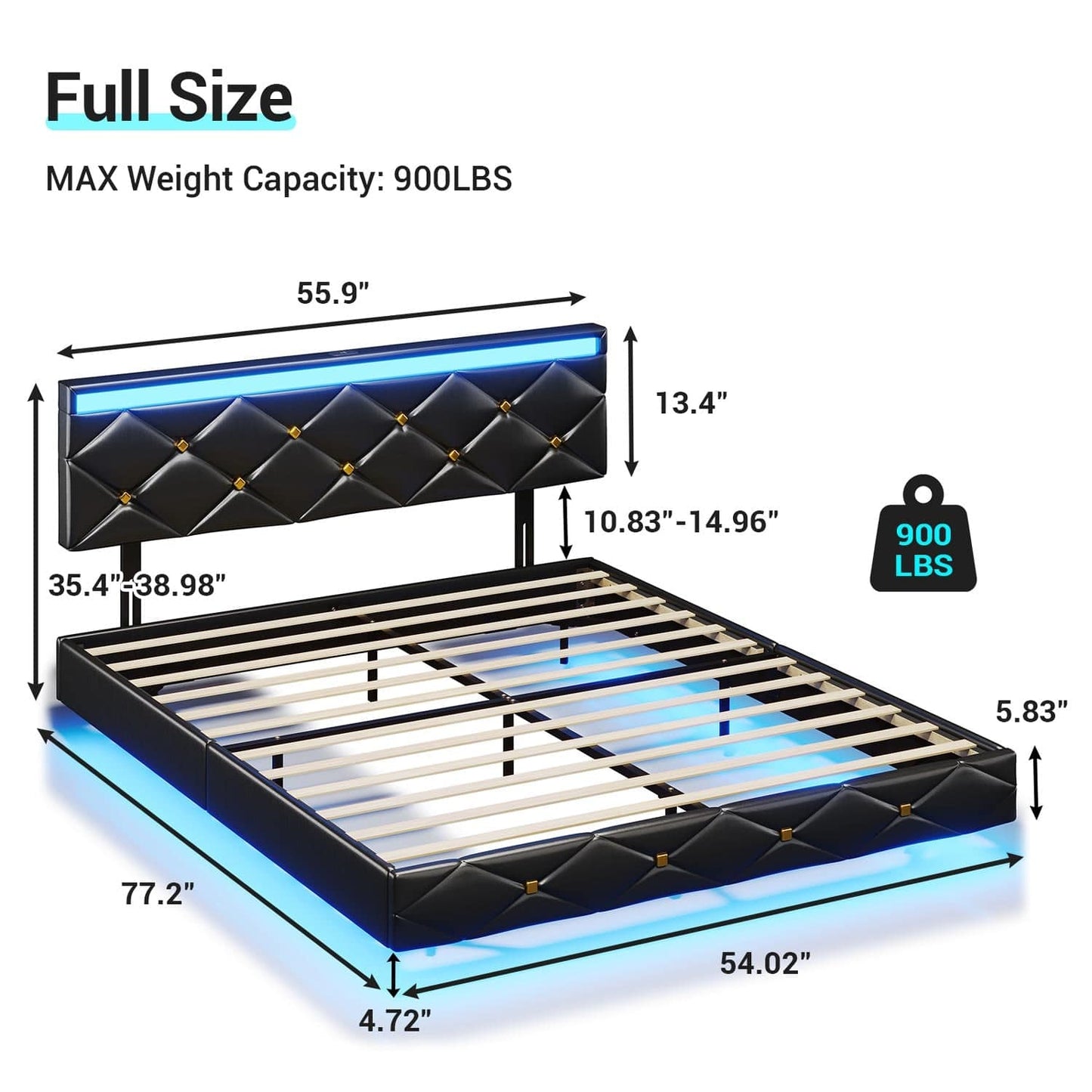 Floating Leather Upholstered Bed Frame with LED Lights Black