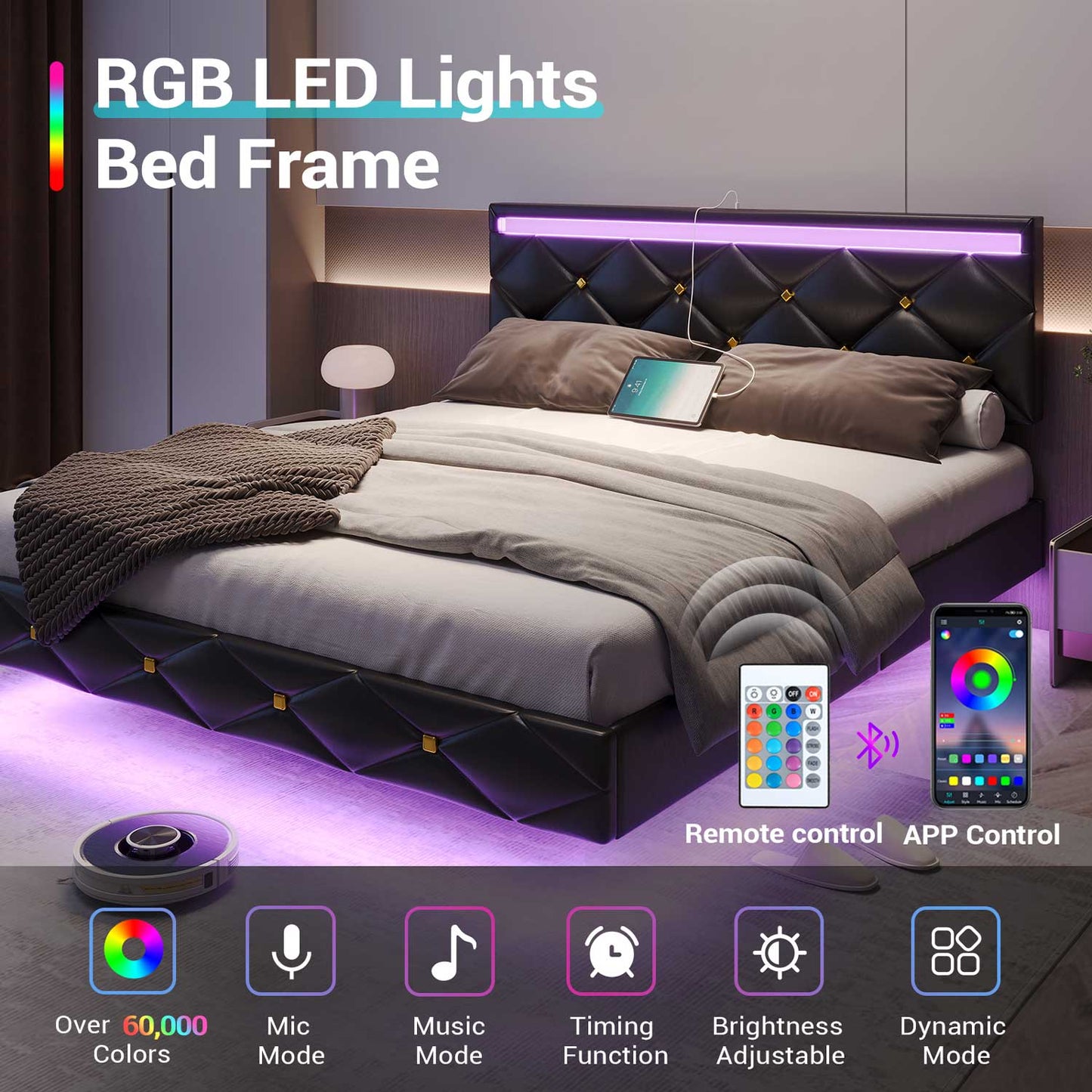 Floating Leather Upholstered Bed Frame with LED Lights Black