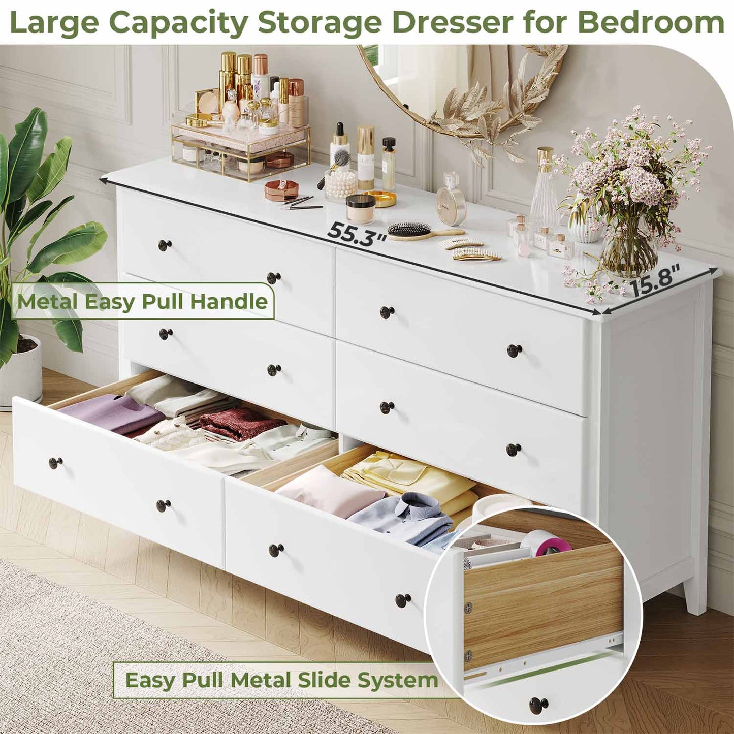 6 Drawers Dresser with Large Capacity White