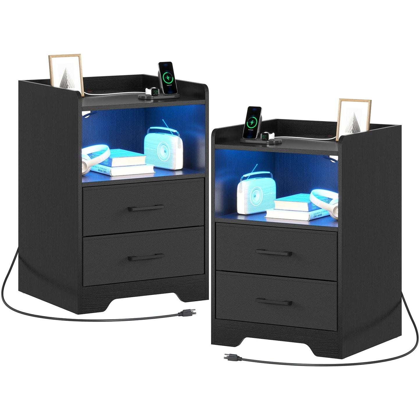 2PCS LED Nightstands with 2 Storage Drawers Black