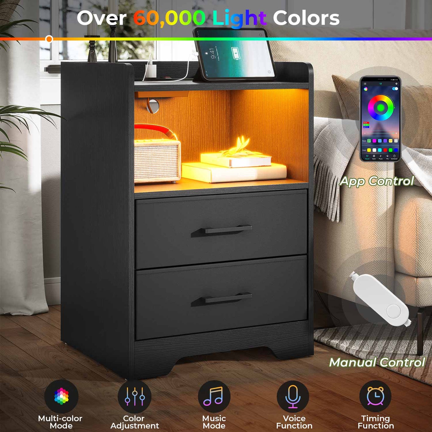 2PCS LED Nightstands with 2 Storage Drawers Black
