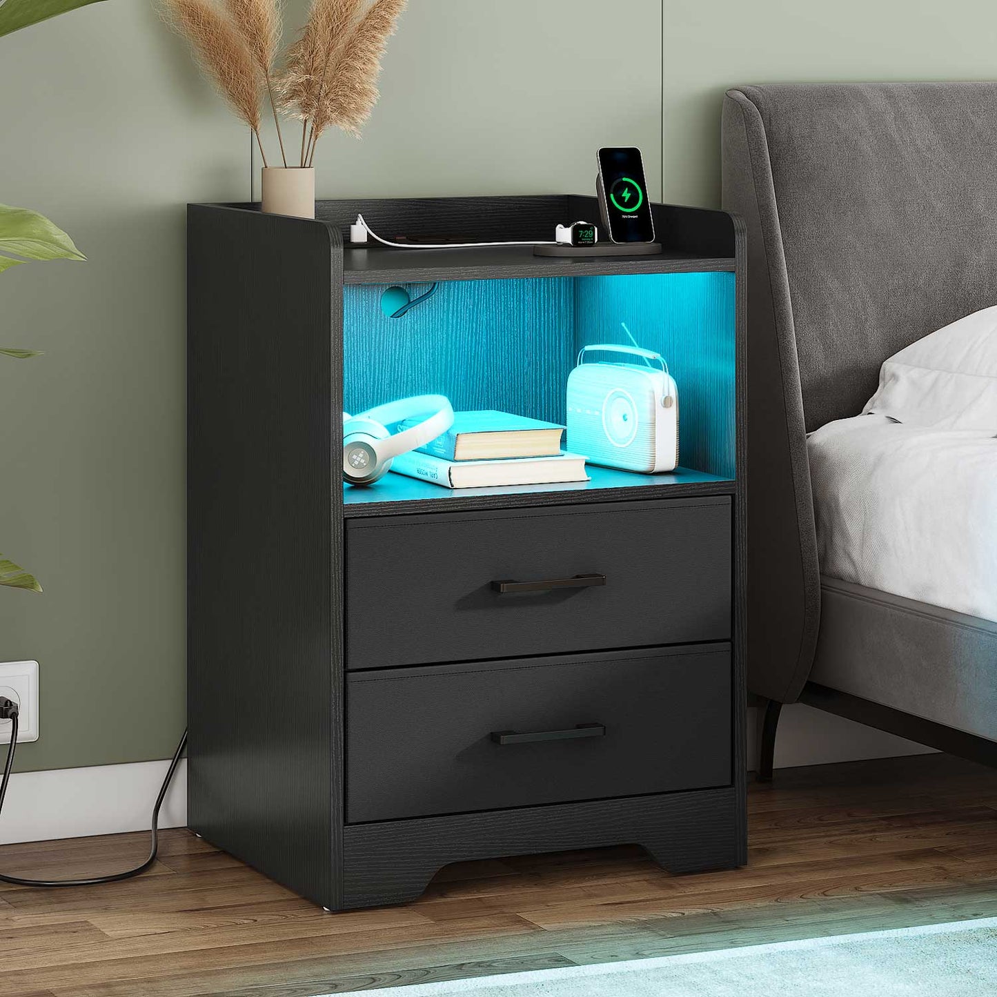 2PCS LED Nightstands with 2 Storage Drawers Black