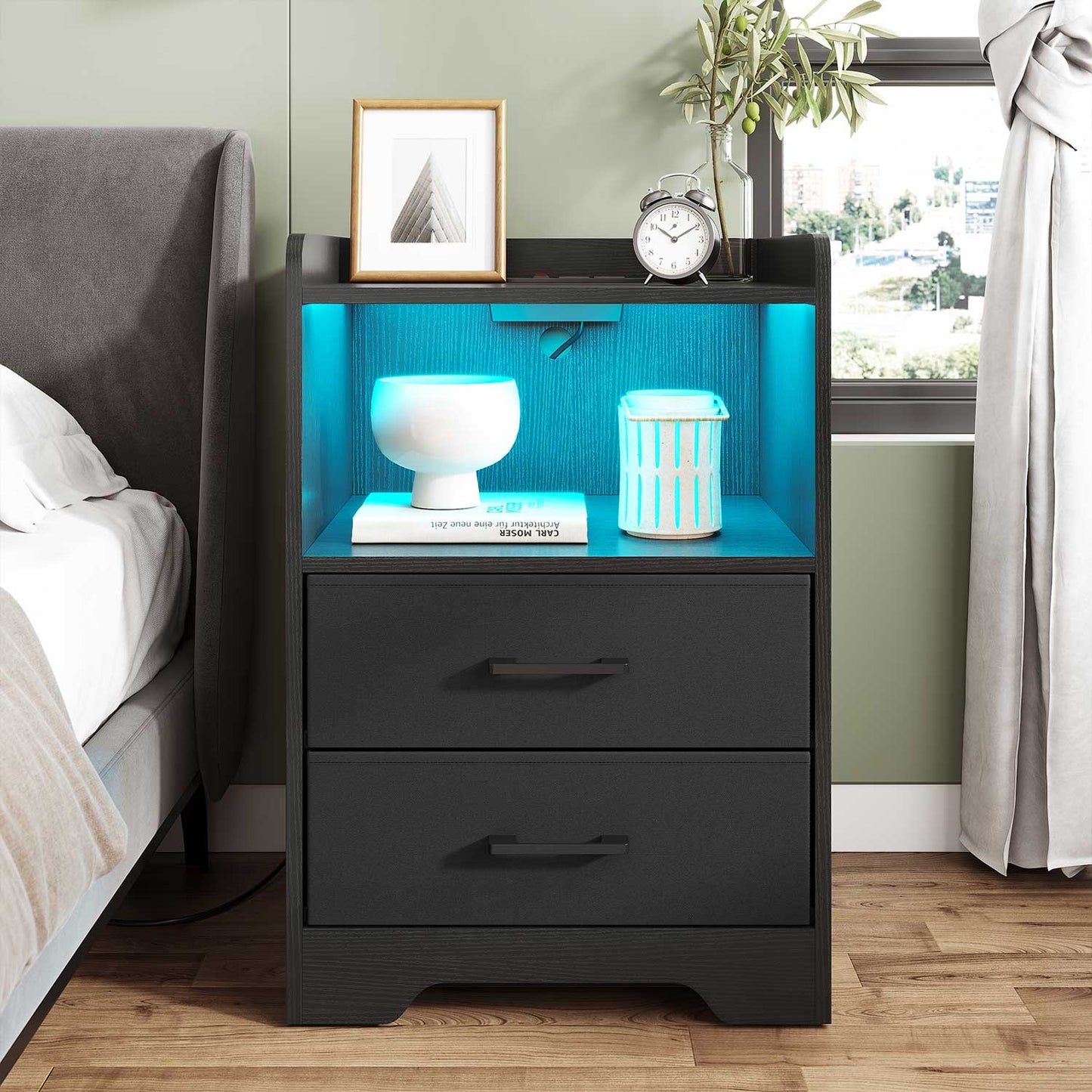2PCS LED Nightstands with 2 Storage Drawers Black