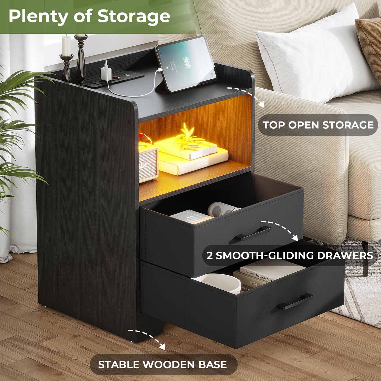 2PCS LED Nightstands with 2 Storage Drawers Black