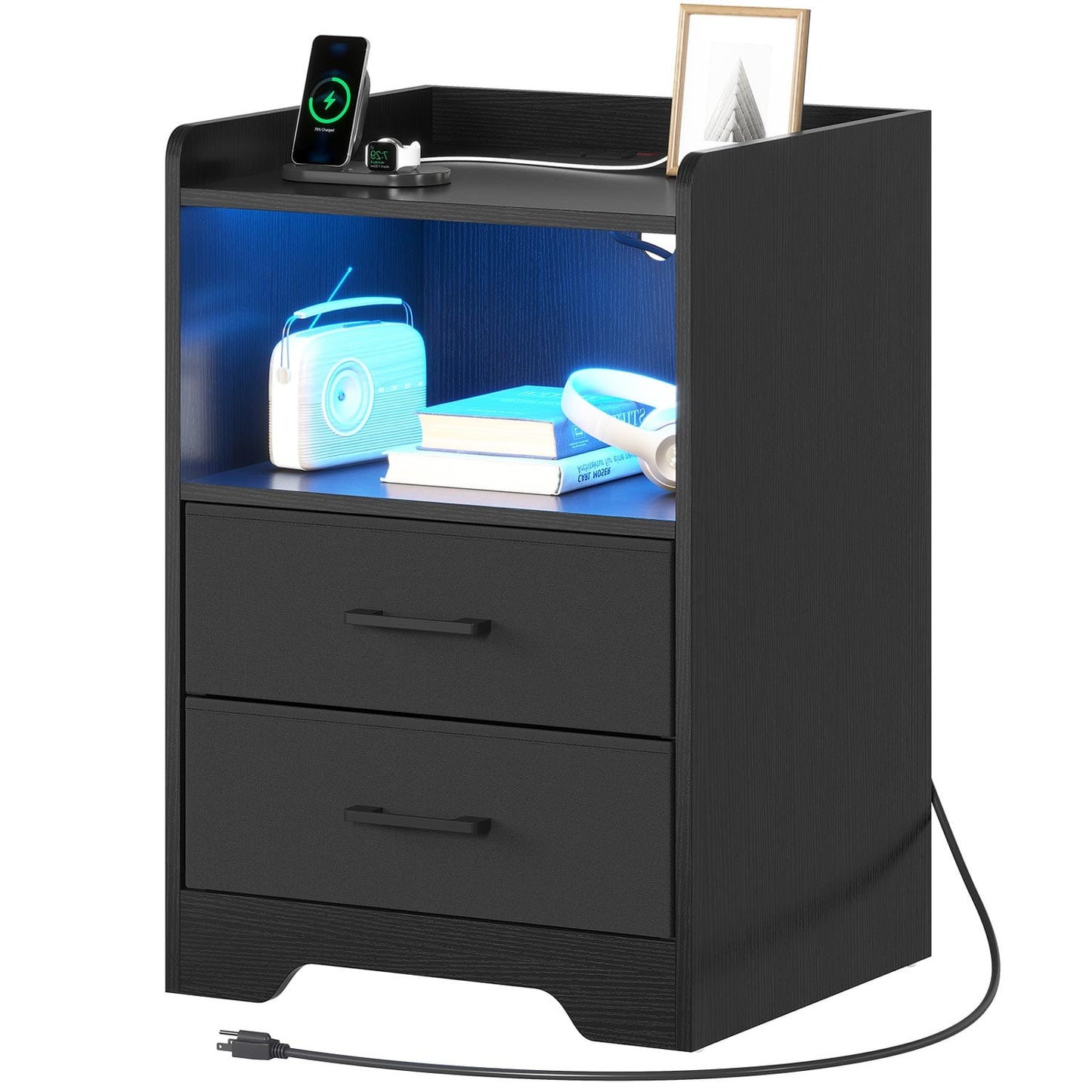 2PCS LED Nightstands with 2 Storage Drawers Black