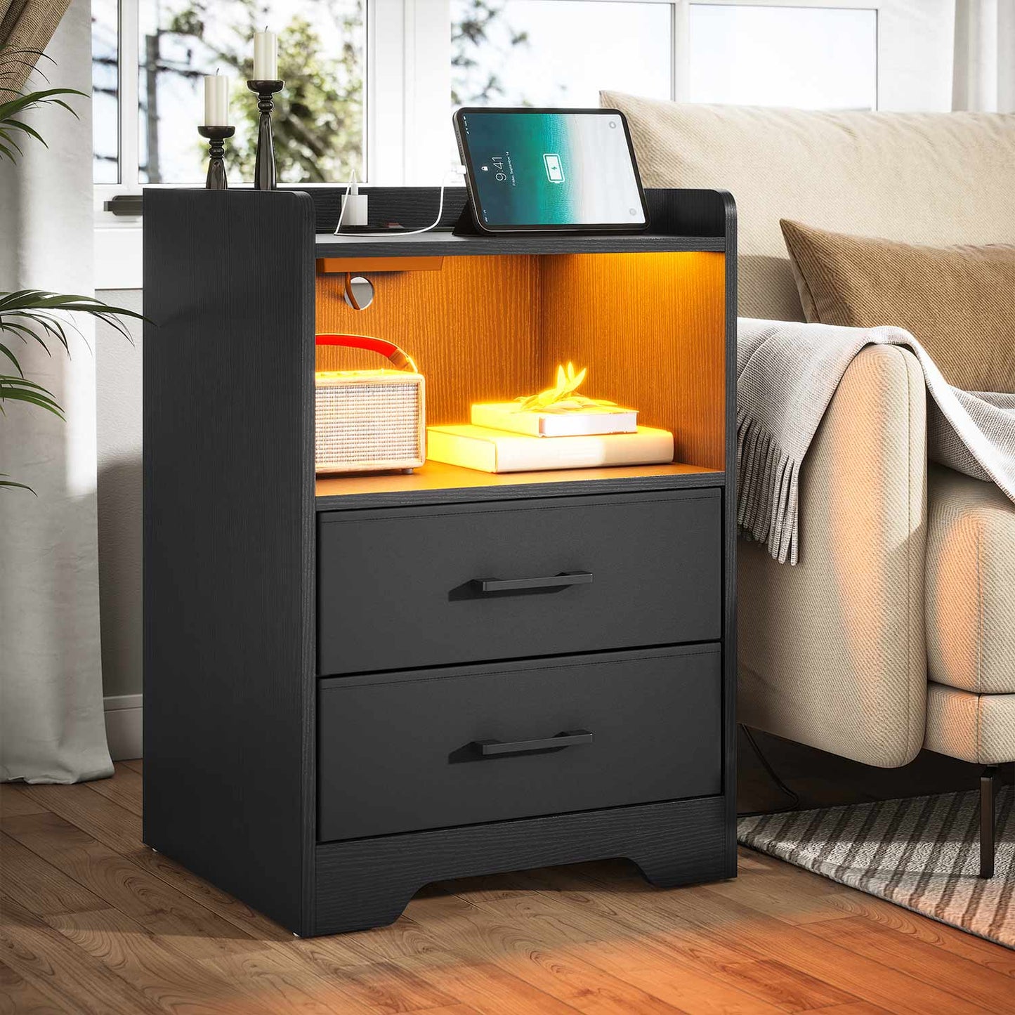 2PCS LED Nightstands with 2 Storage Drawers Black