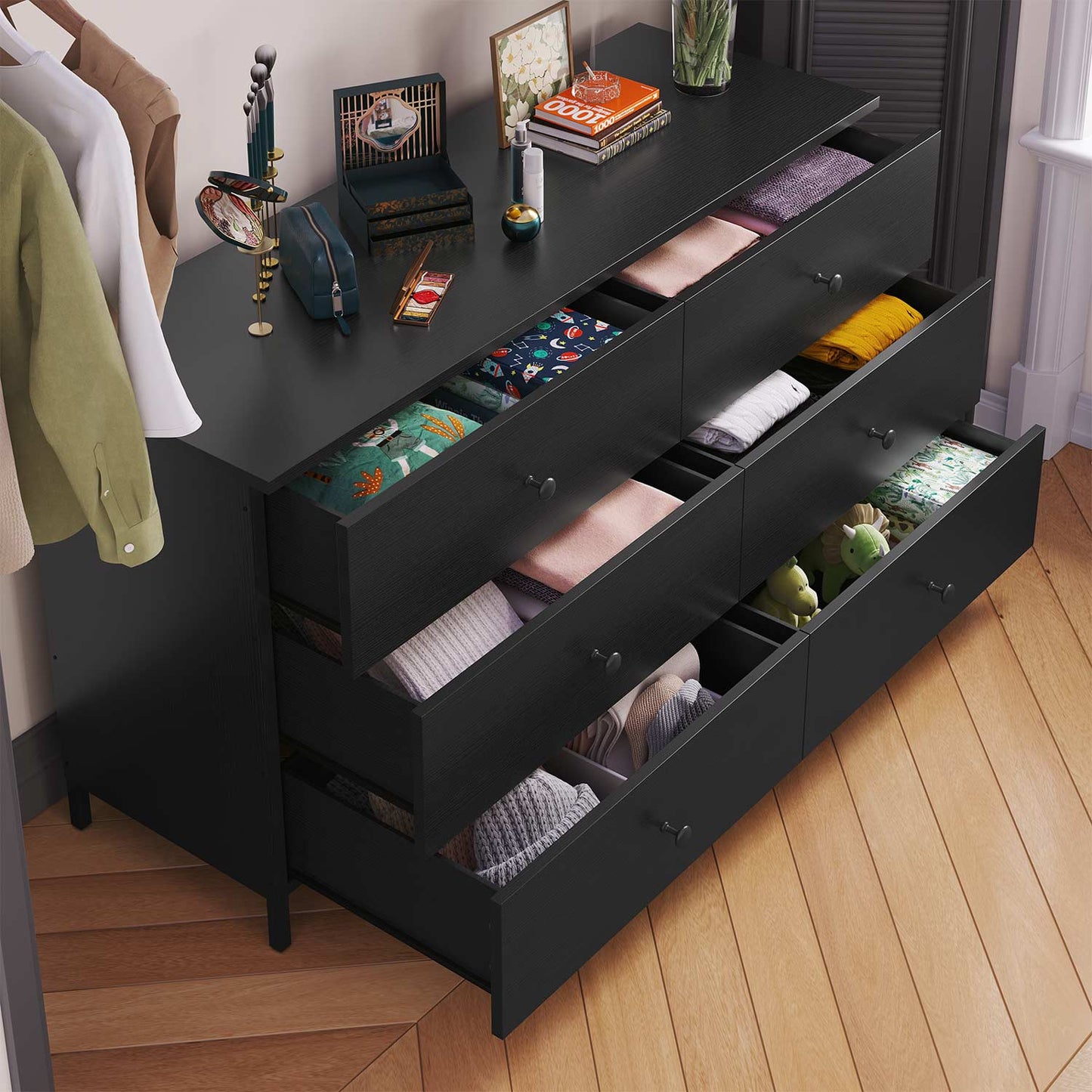 6 Drawers Dresser with Heavy Sturdy Steel Frame Black