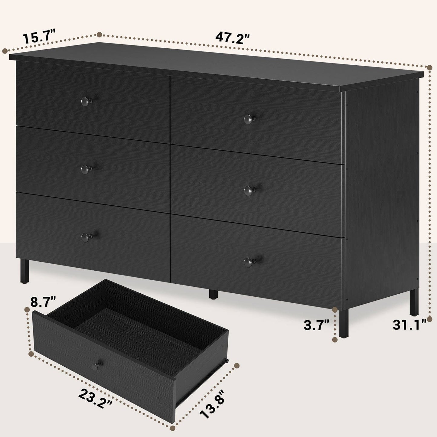 6 Drawers Dresser with Heavy Sturdy Steel Frame Black