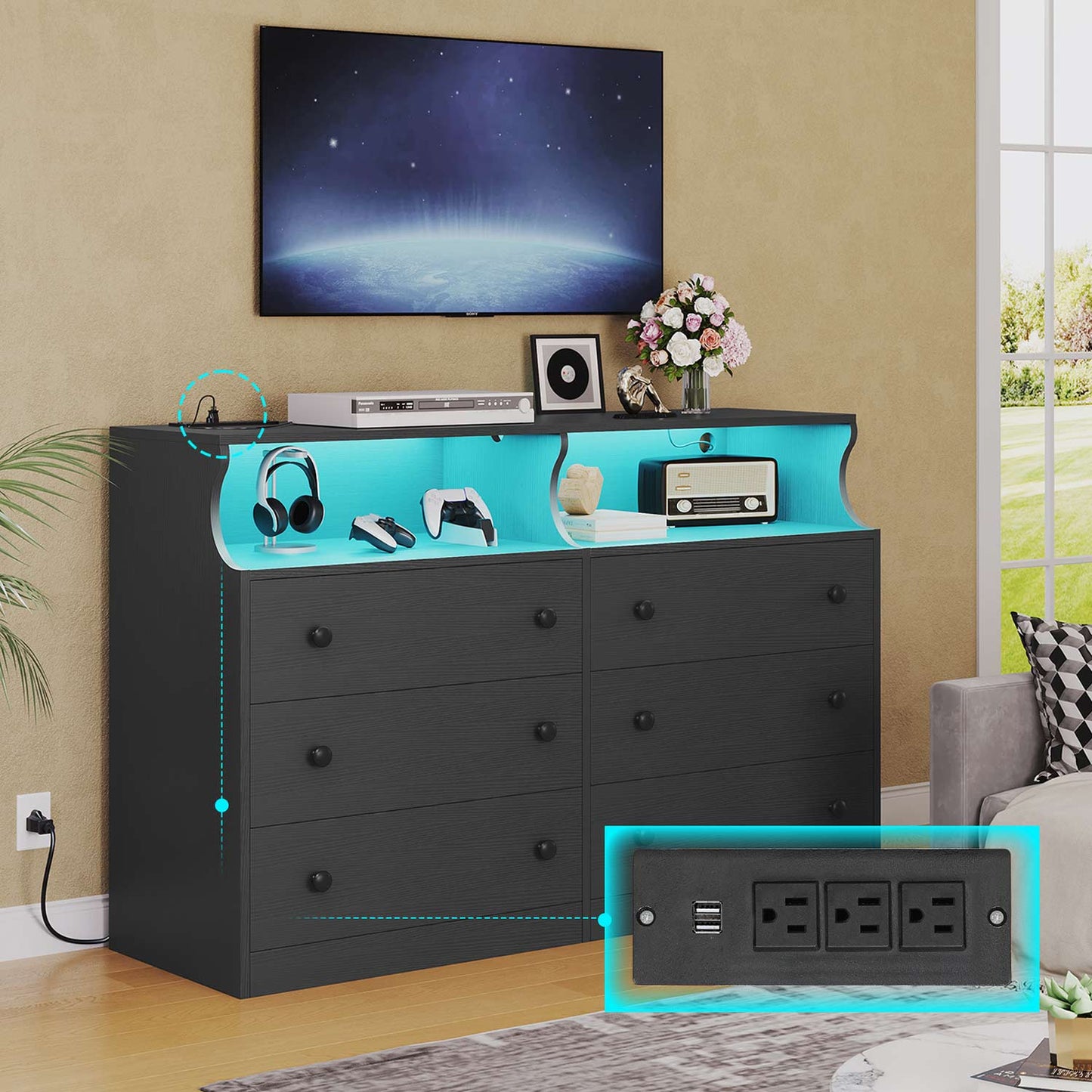 LED Dresser with 6 Drawers Charging Station Black