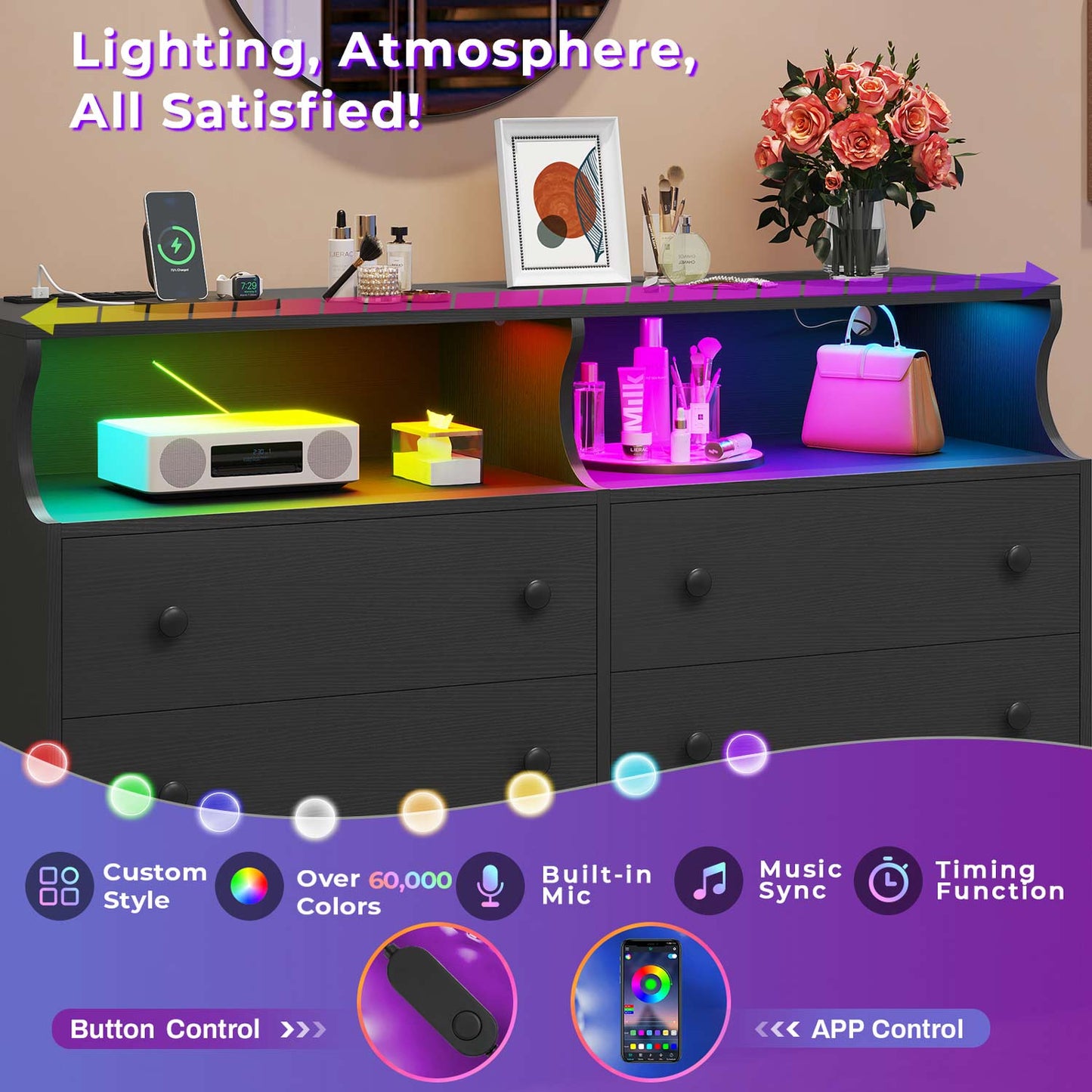 LED Dresser with 6 Drawers Charging Station Black