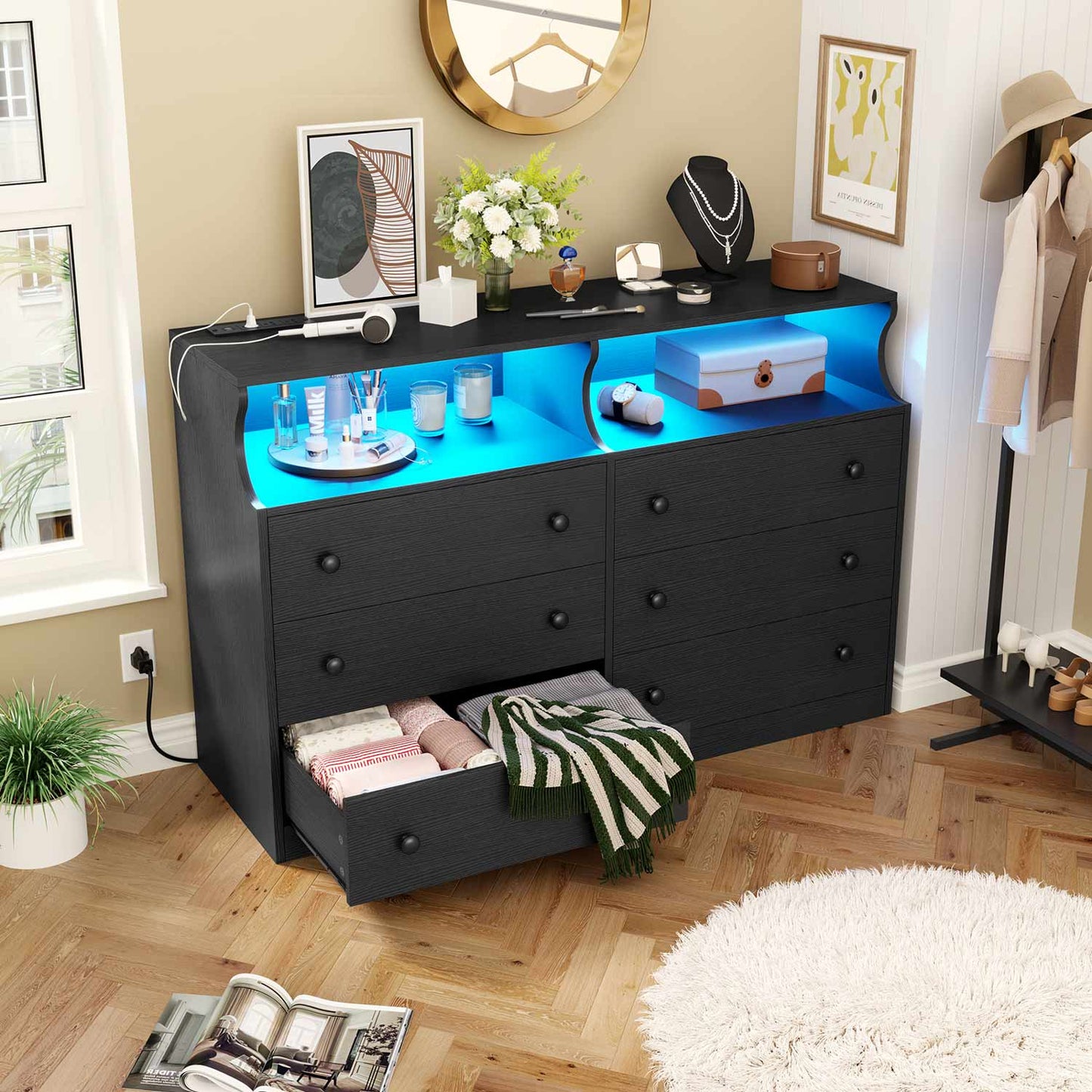 LED Dresser with 6 Drawers Charging Station Black
