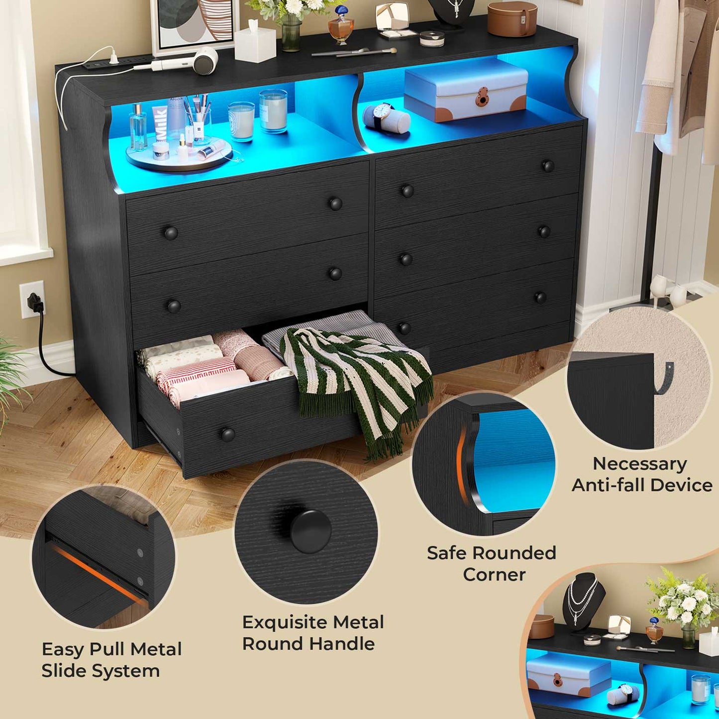 LED Dresser with 6 Drawers Charging Station Black