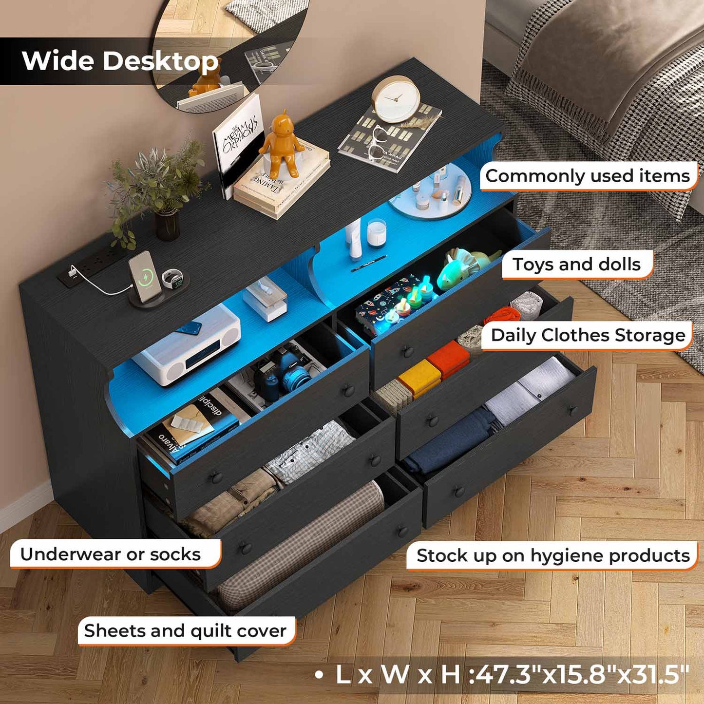 LED Dresser with 6 Drawers Charging Station Black
