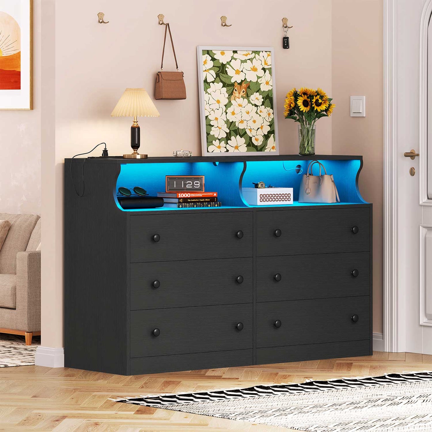 LED Dresser with 6 Drawers Charging Station Black