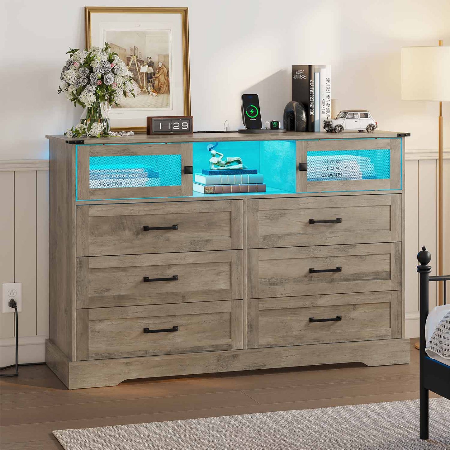 LED Dresser with 6 Storage Drawers Rustic Oak