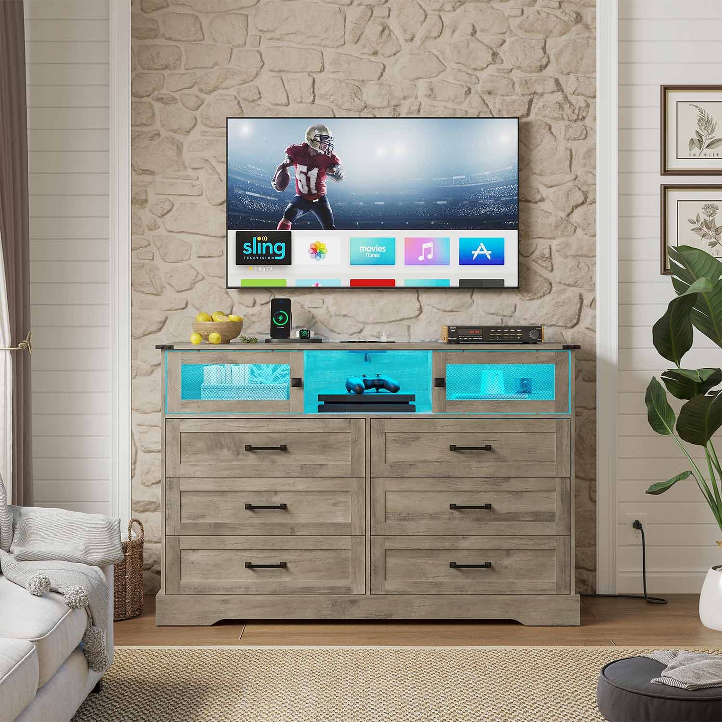 LED Dresser with 6 Storage Drawers Rustic Oak