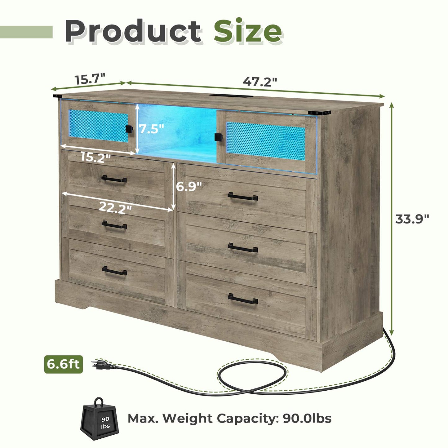 LED Dresser with 6 Storage Drawers Rustic Oak