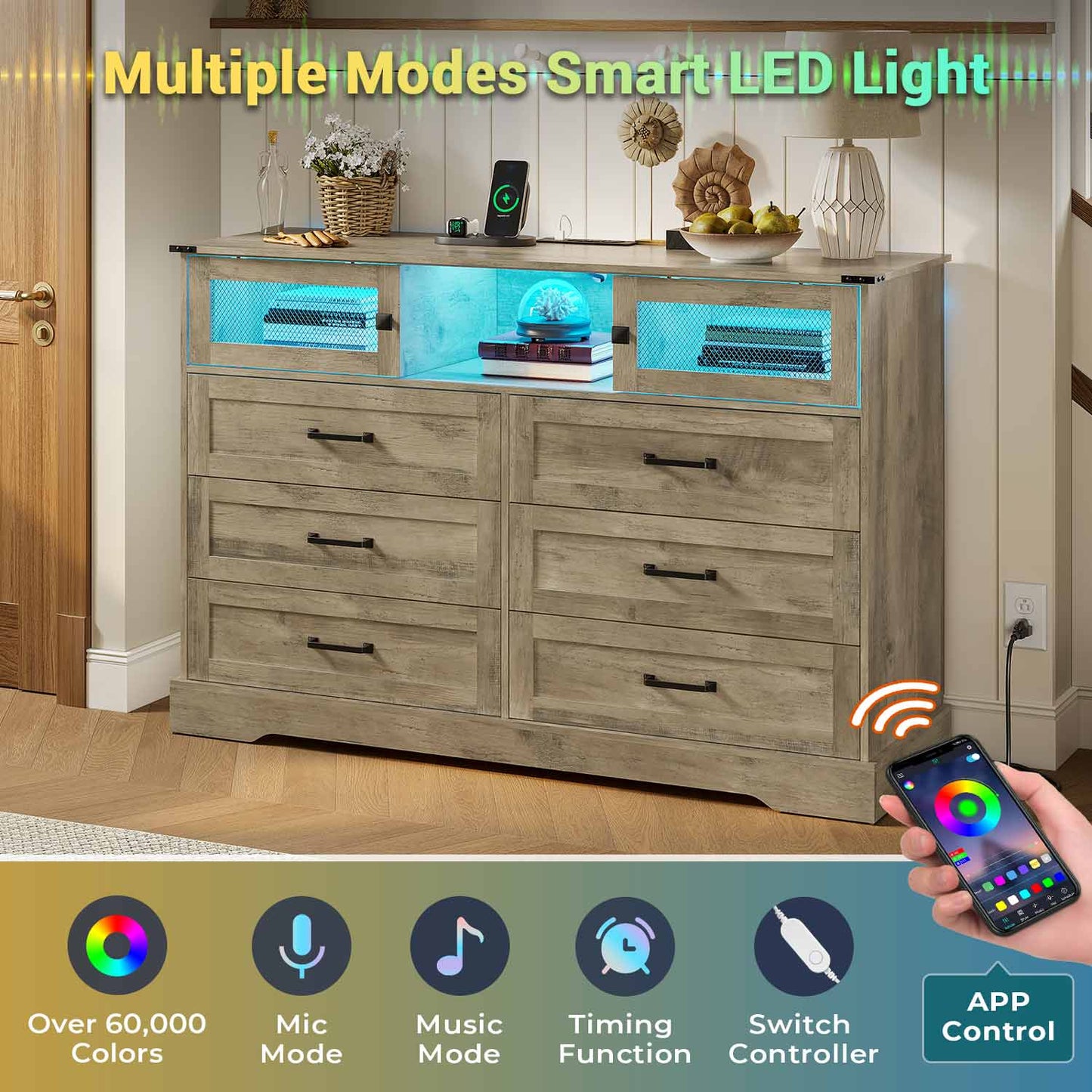 LED Dresser with 6 Storage Drawers Rustic Oak