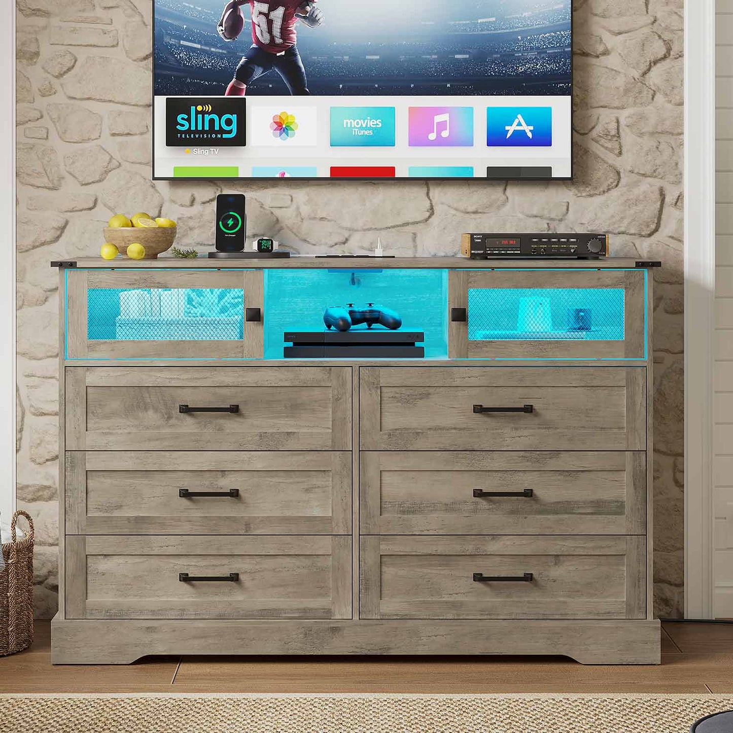 LED Dresser with 6 Storage Drawers Rustic Oak