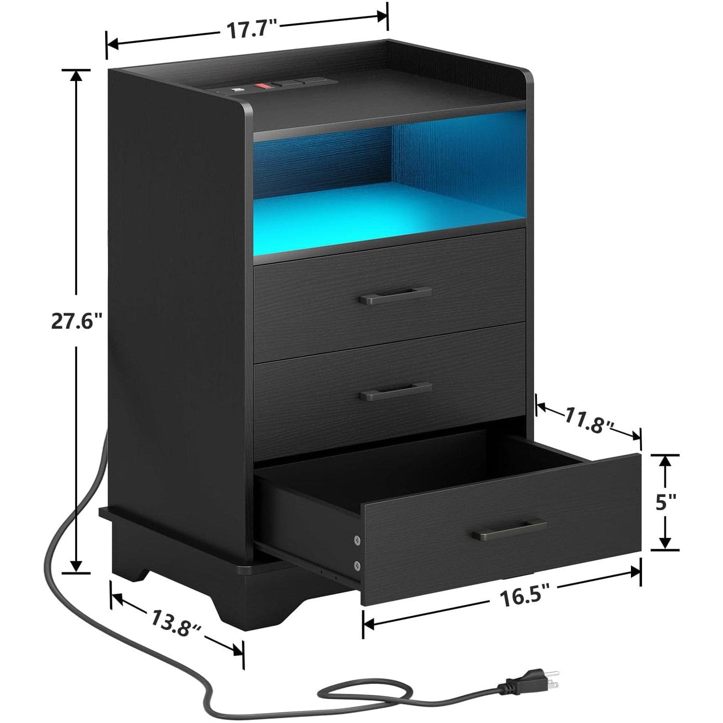 LED Nightstand with 3 Drawers Charging Station Black