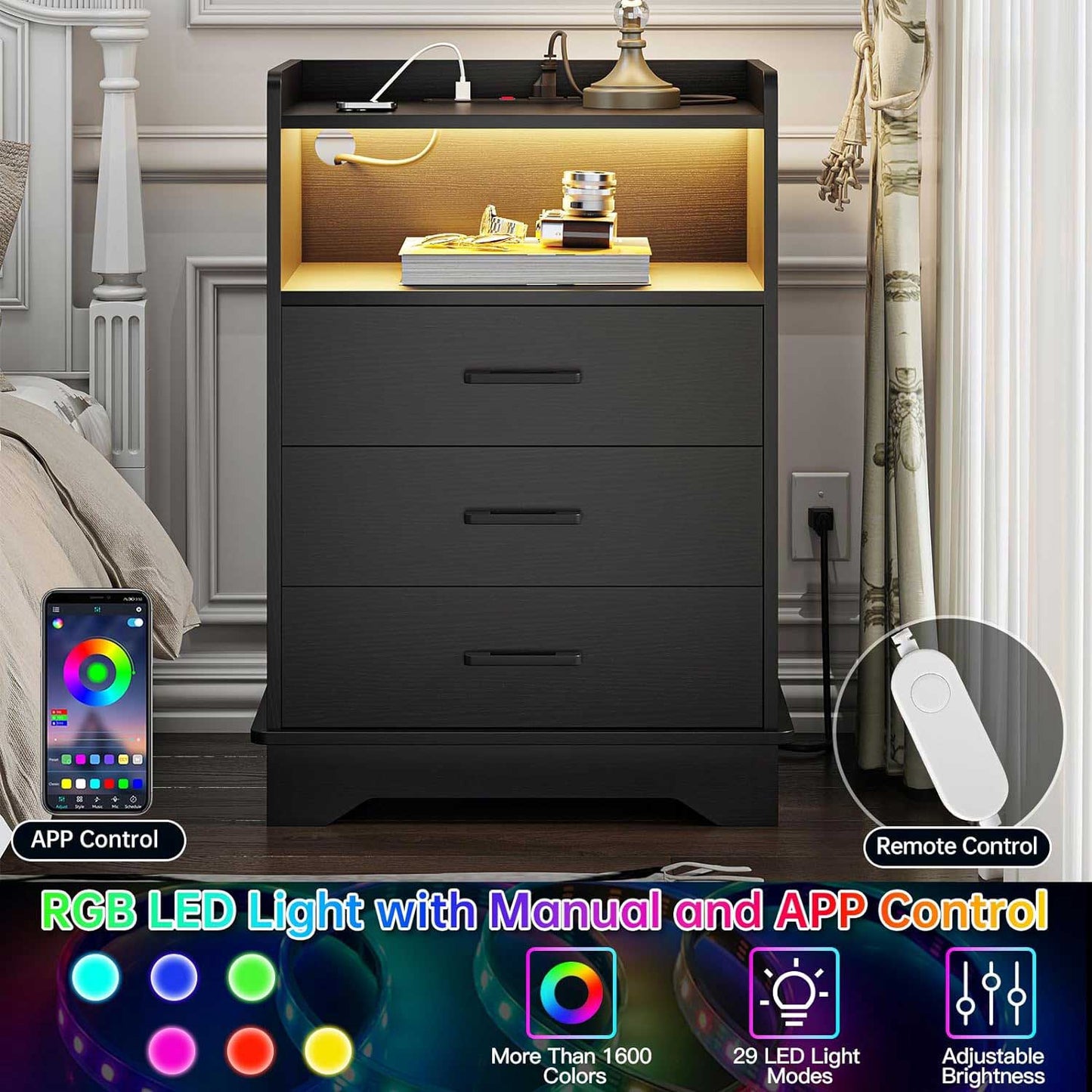 LED Nightstand with 3 Drawers Charging Station Black