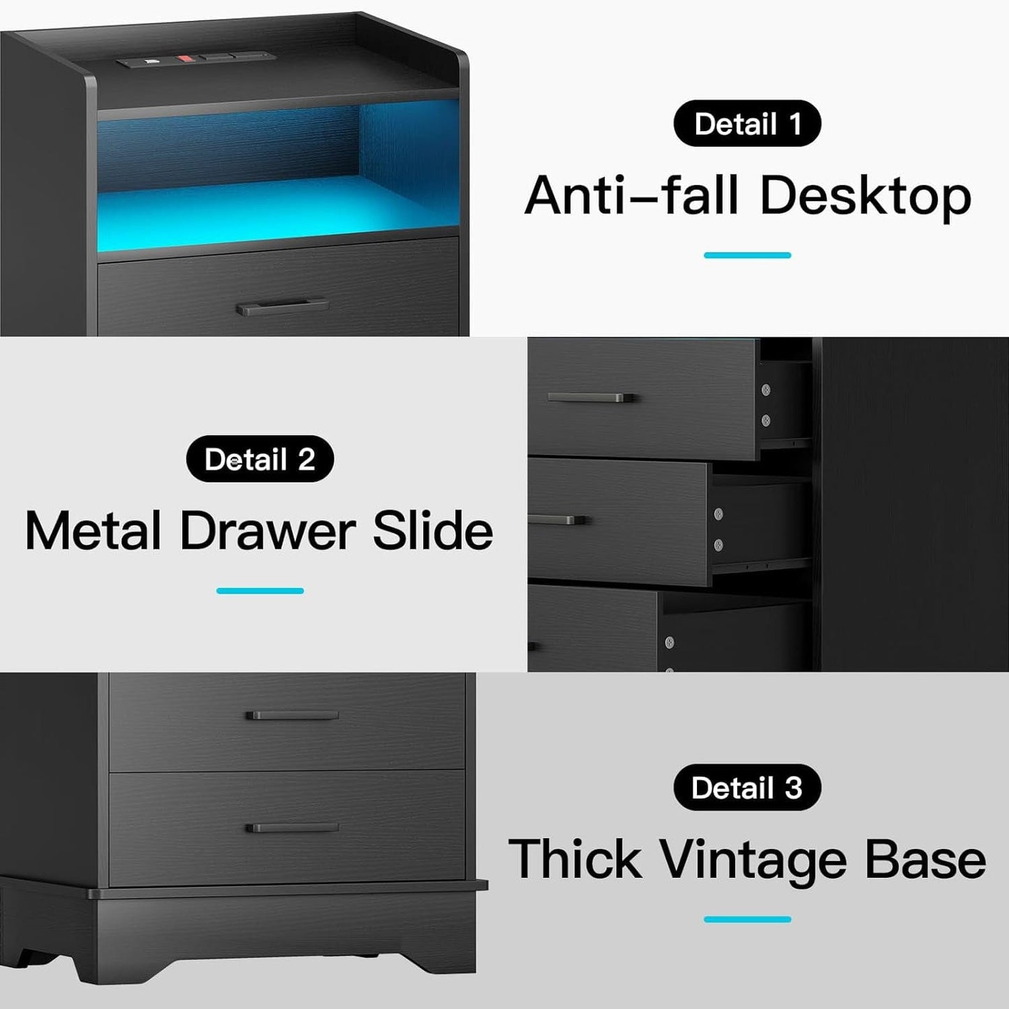 LED Nightstand with 3 Drawers Charging Station Black