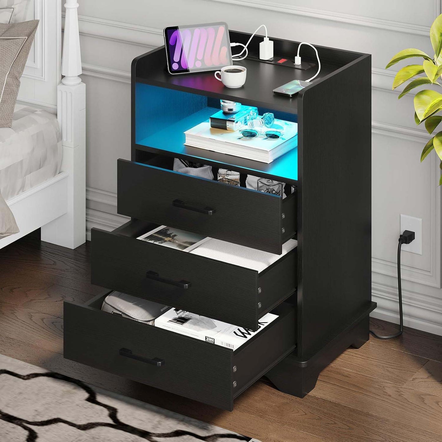 LED Nightstand with 3 Drawers Charging Station Black