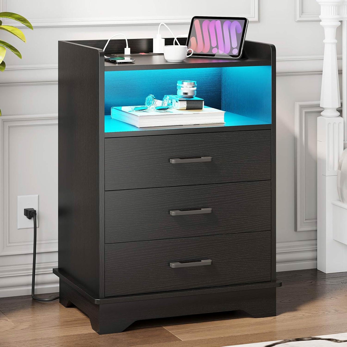 LED Nightstand with 3 Drawers Charging Station Black