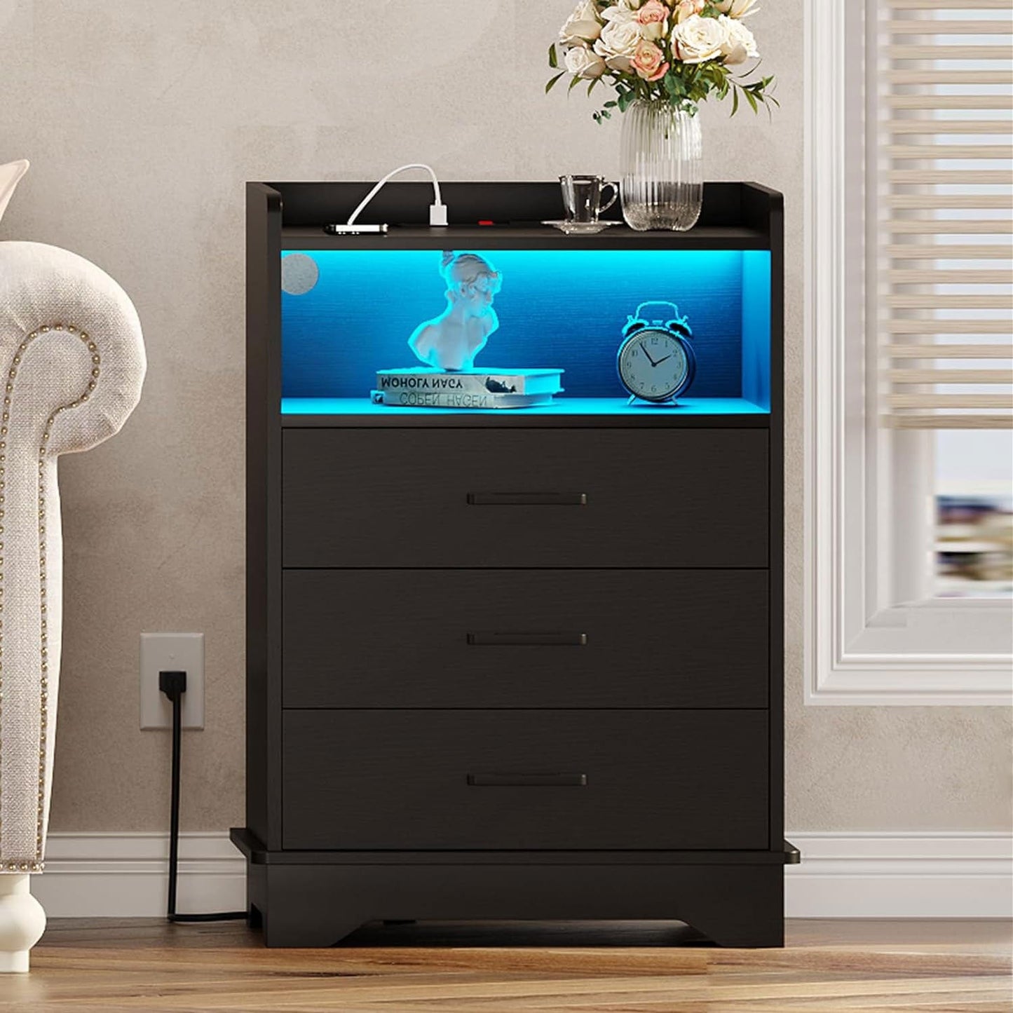 LED Nightstand with 3 Drawers Charging Station Black