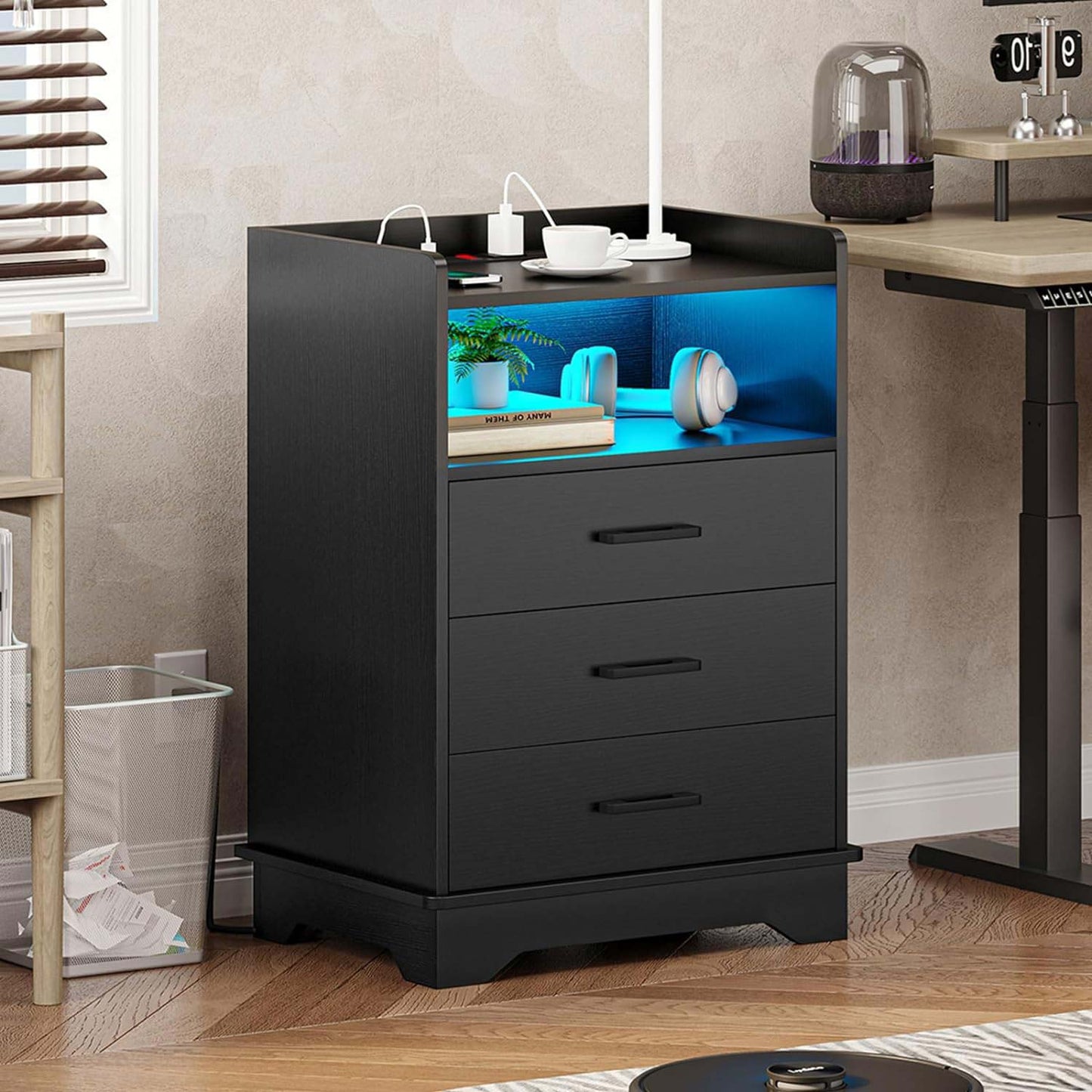 LED Nightstand with 3 Drawers Charging Station Black