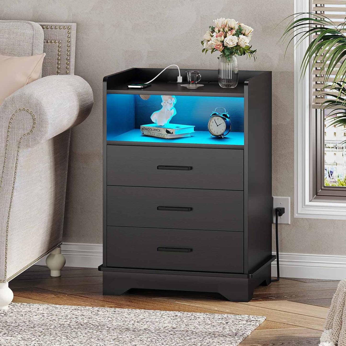 LED Nightstand with 3 Drawers Charging Station Black