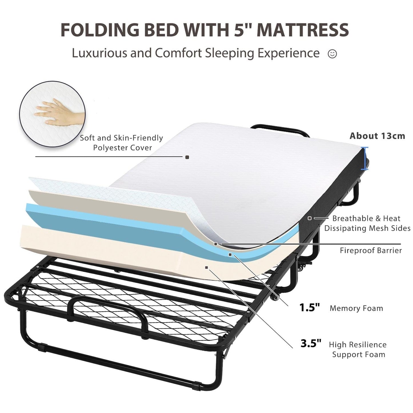 Twin Size Folding Bed with Memory Foam Mattress Black