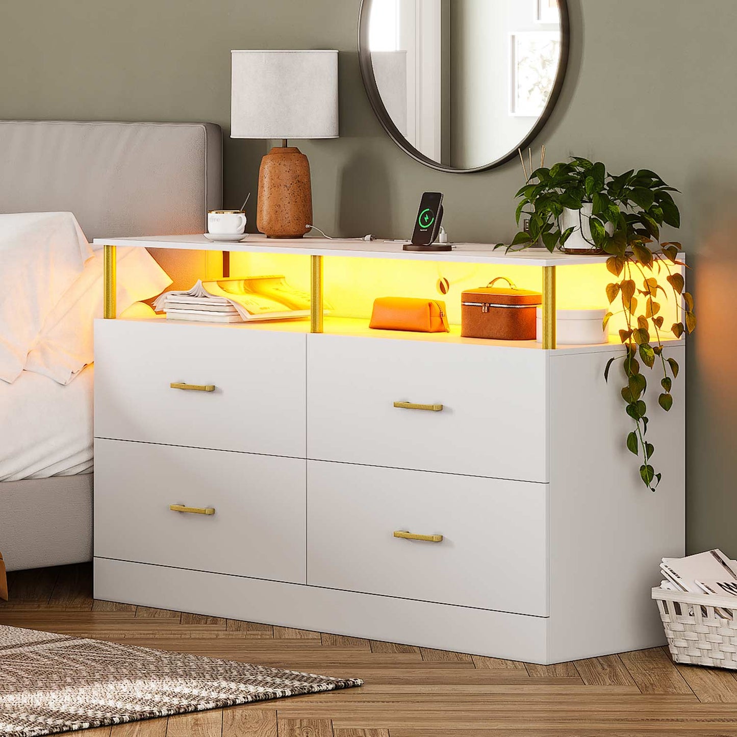 Dresser with 4 Drawers Charging Station White