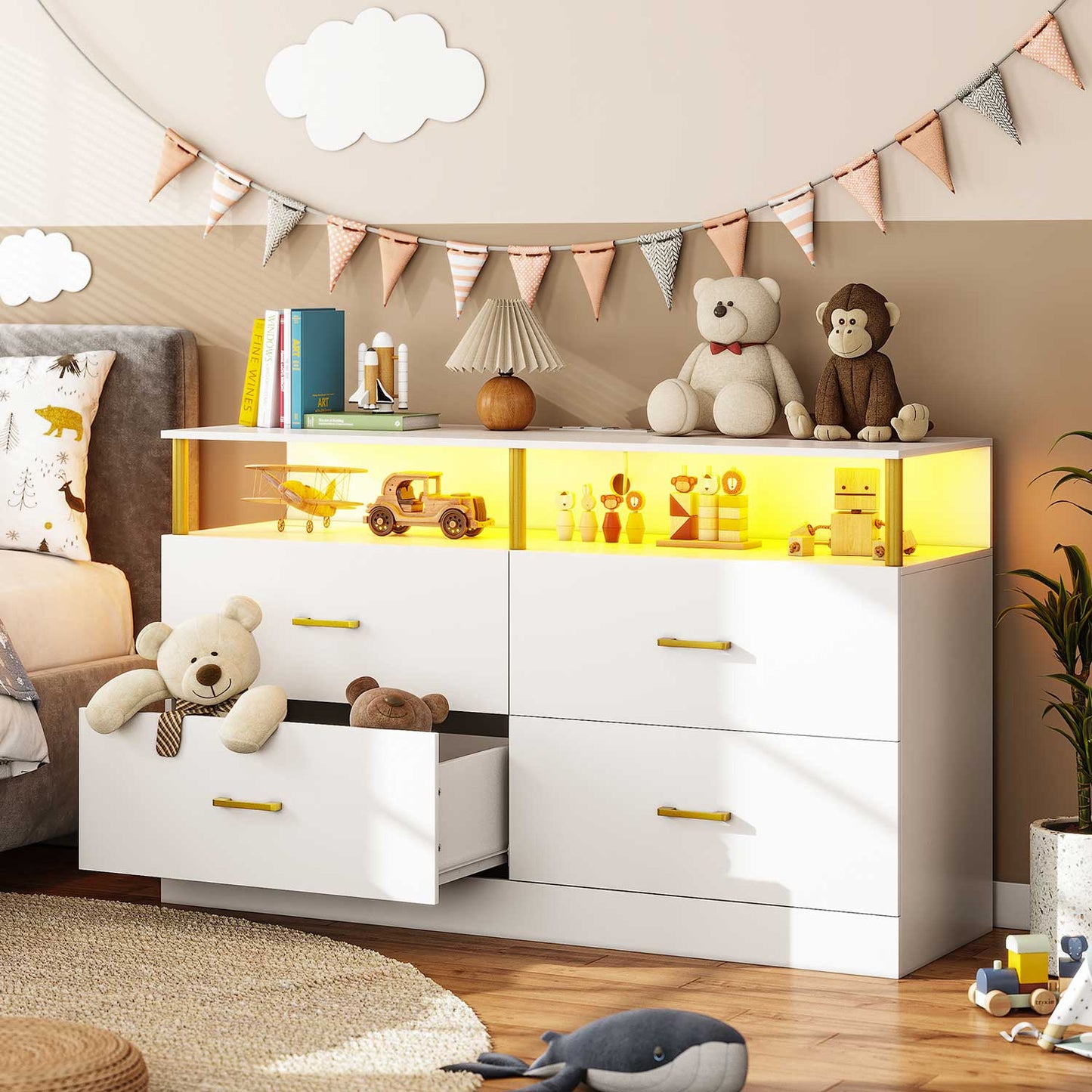 Dresser with 4 Drawers Charging Station White