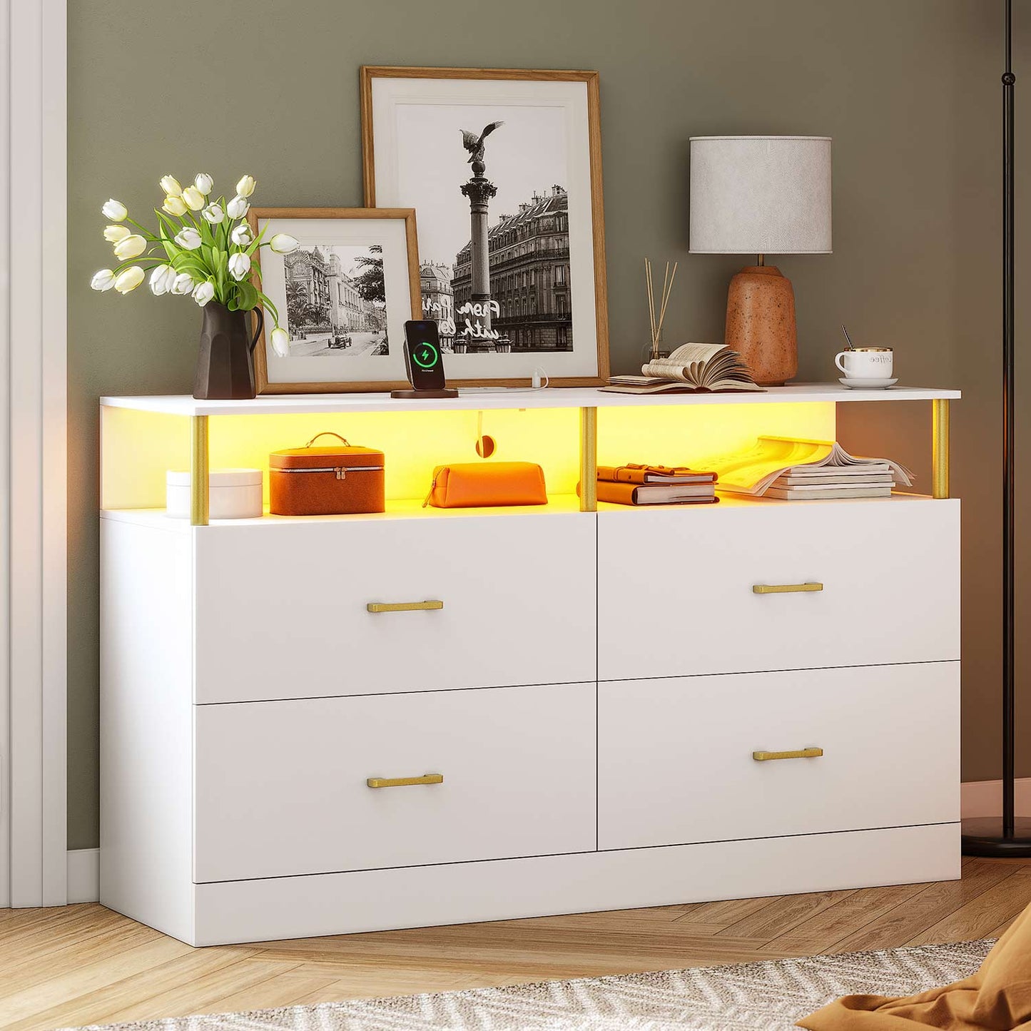 Dresser with 4 Drawers Charging Station White
