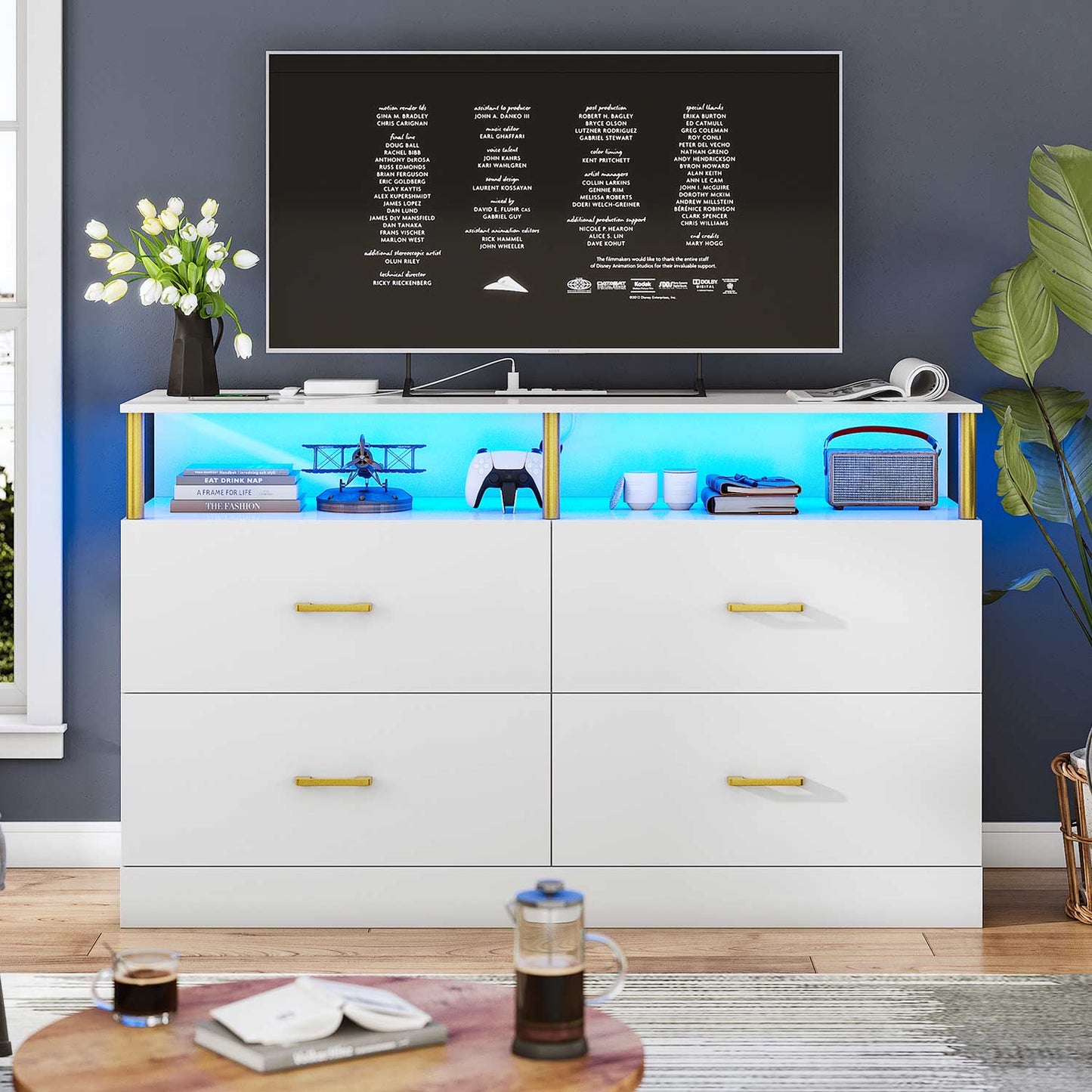 Dresser with 4 Drawers Charging Station White