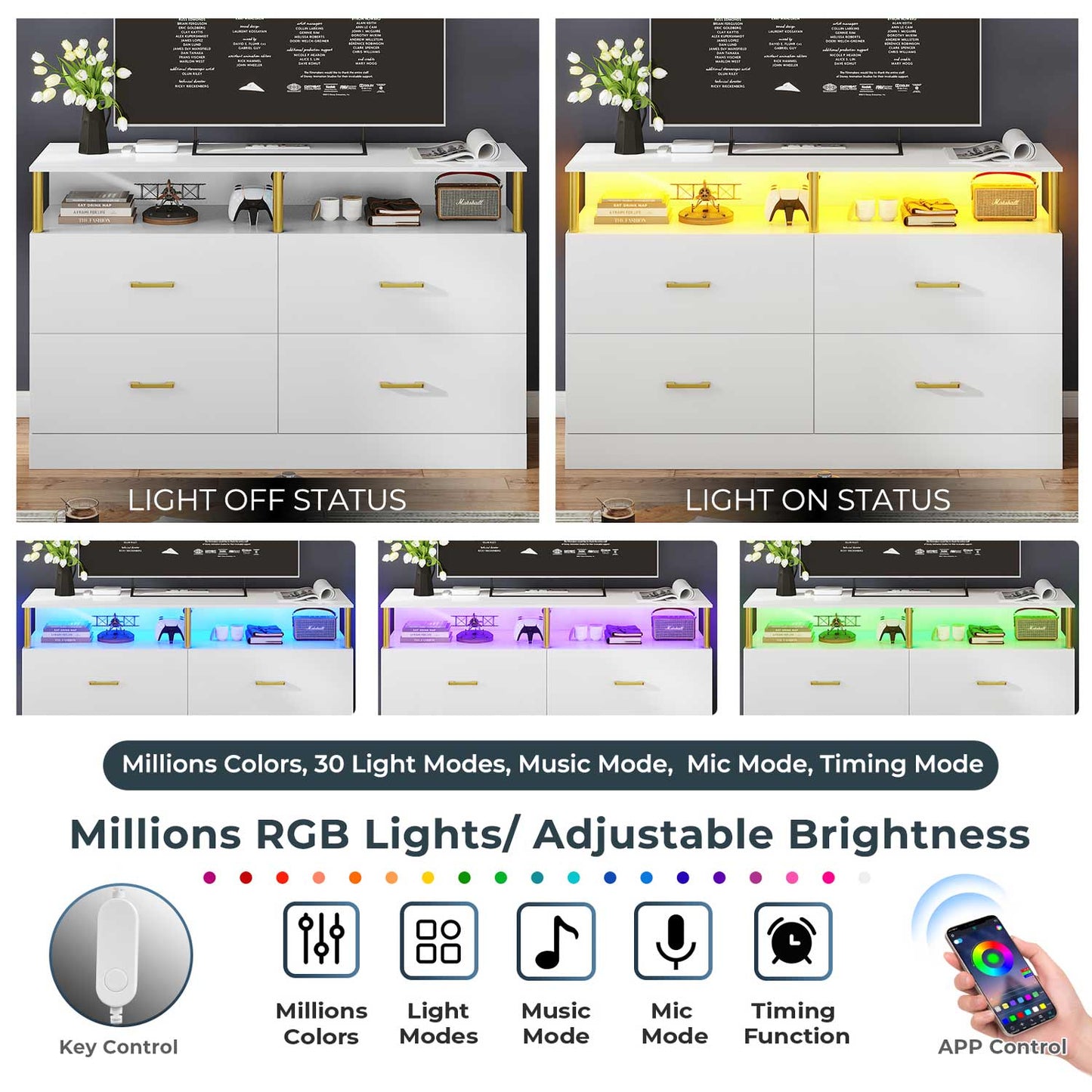 Dresser with 4 Drawers Charging Station White