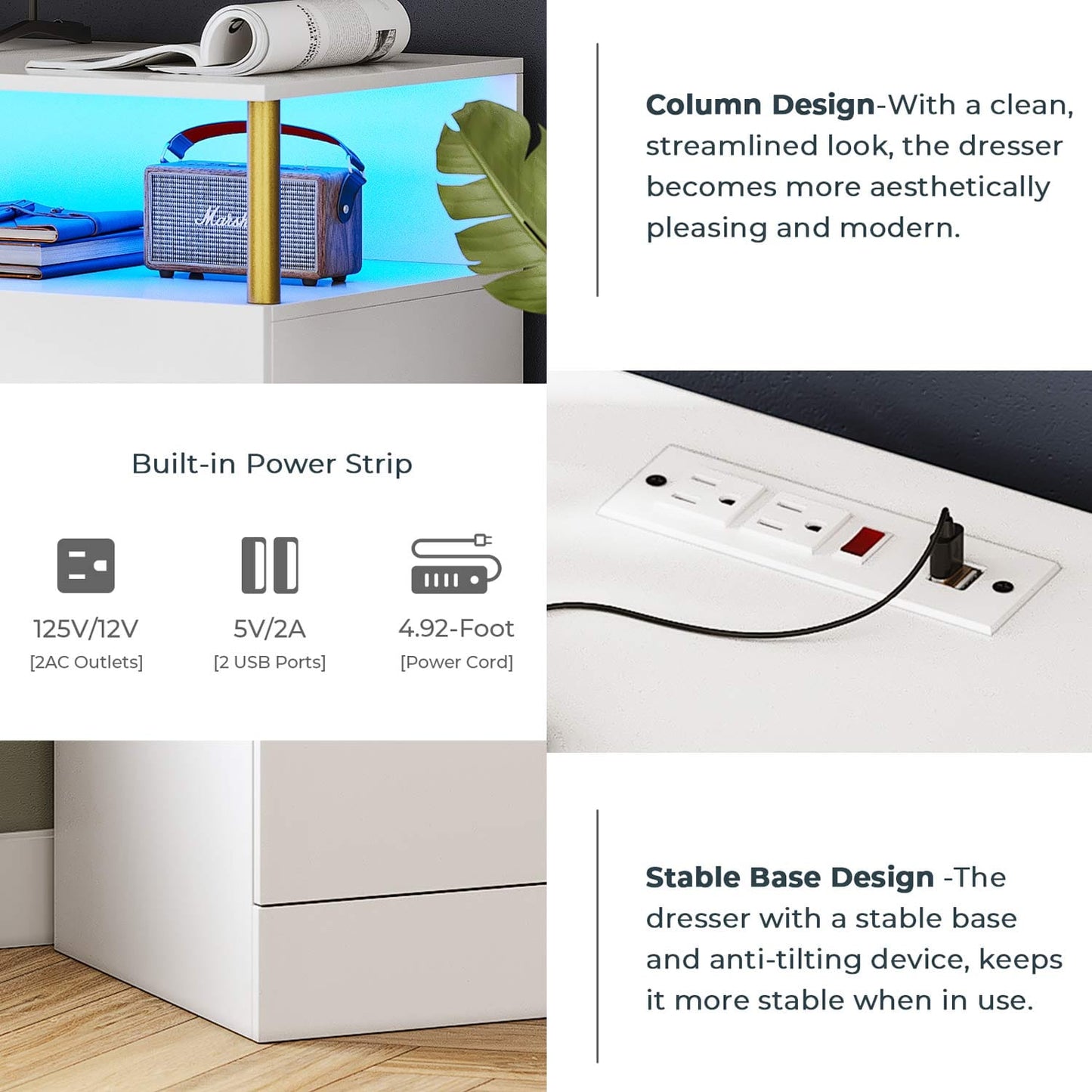 Dresser with 4 Drawers Charging Station White