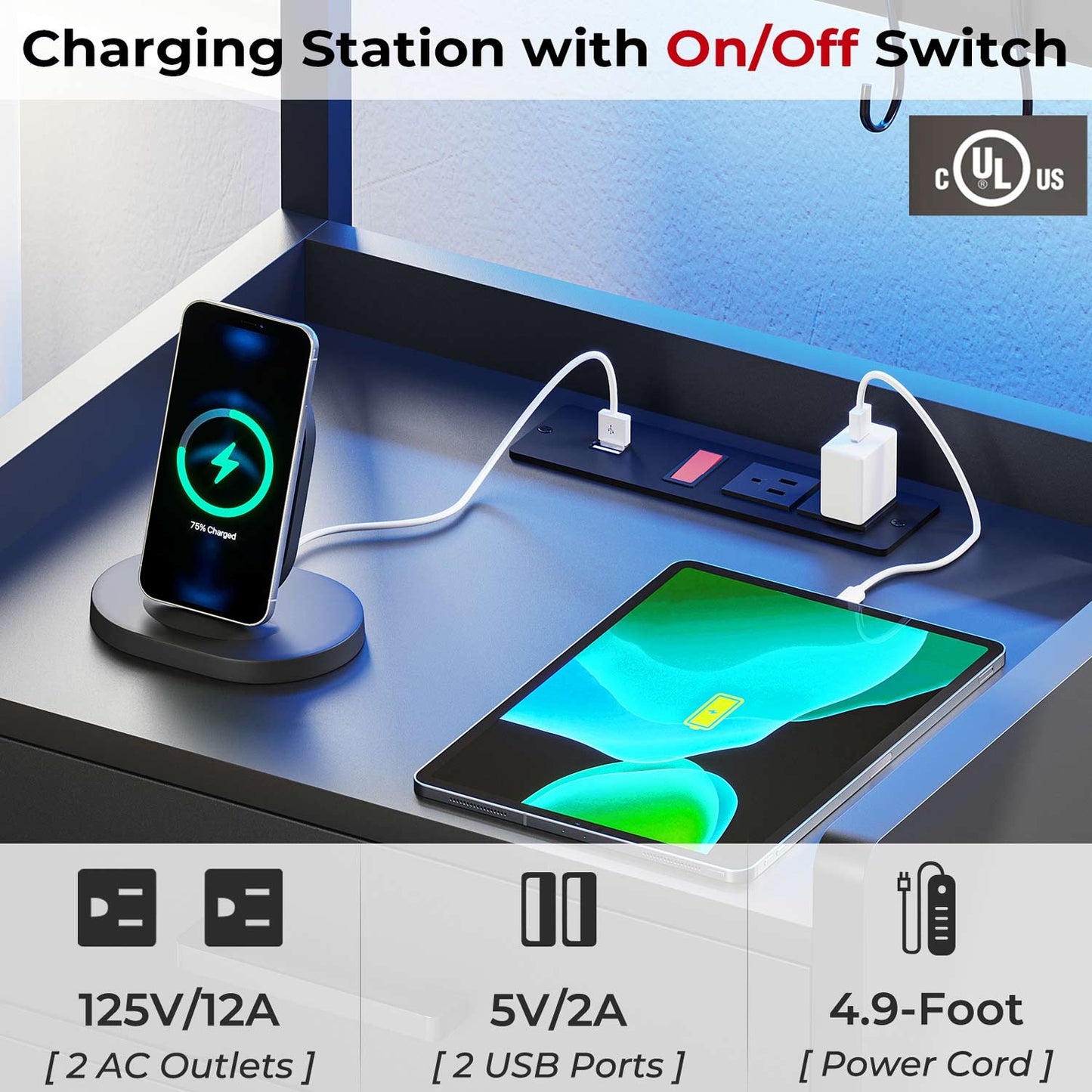 LED Nightstand with Charging Station Black