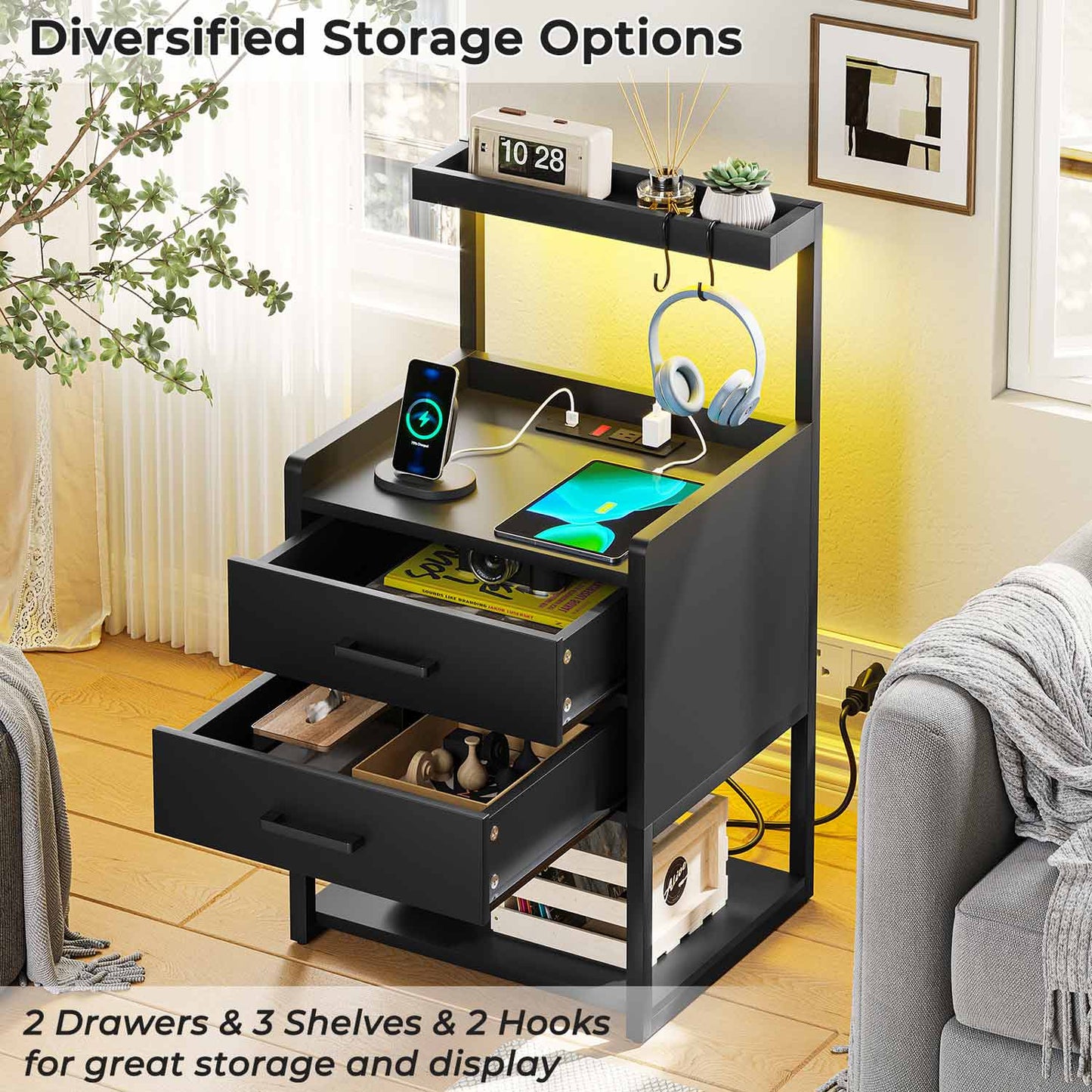 LED Nightstand with Charging Station Black