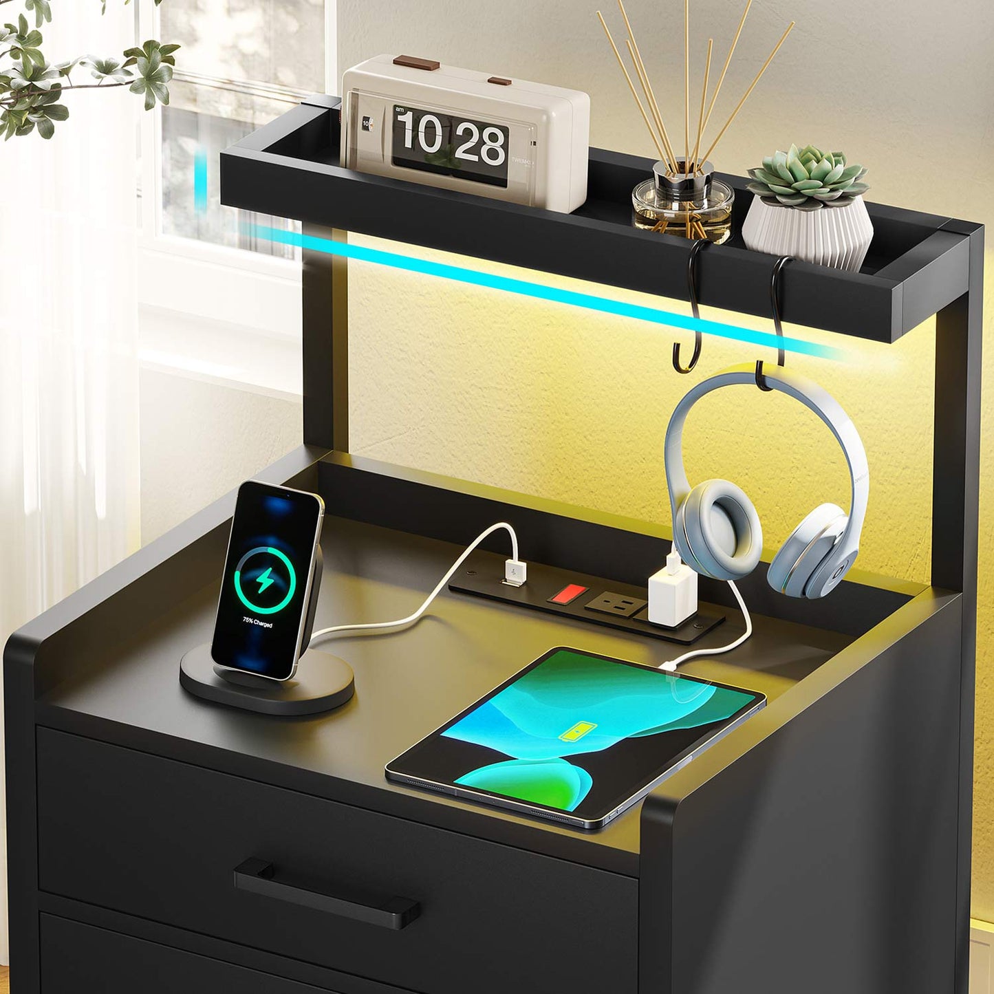 LED Nightstand with Charging Station Black