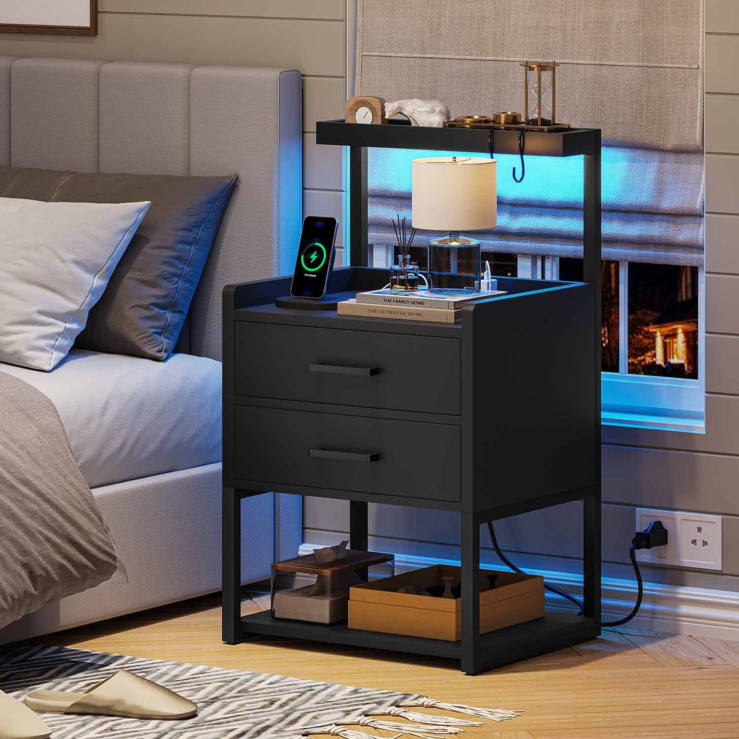LED Nightstand with Charging Station Black