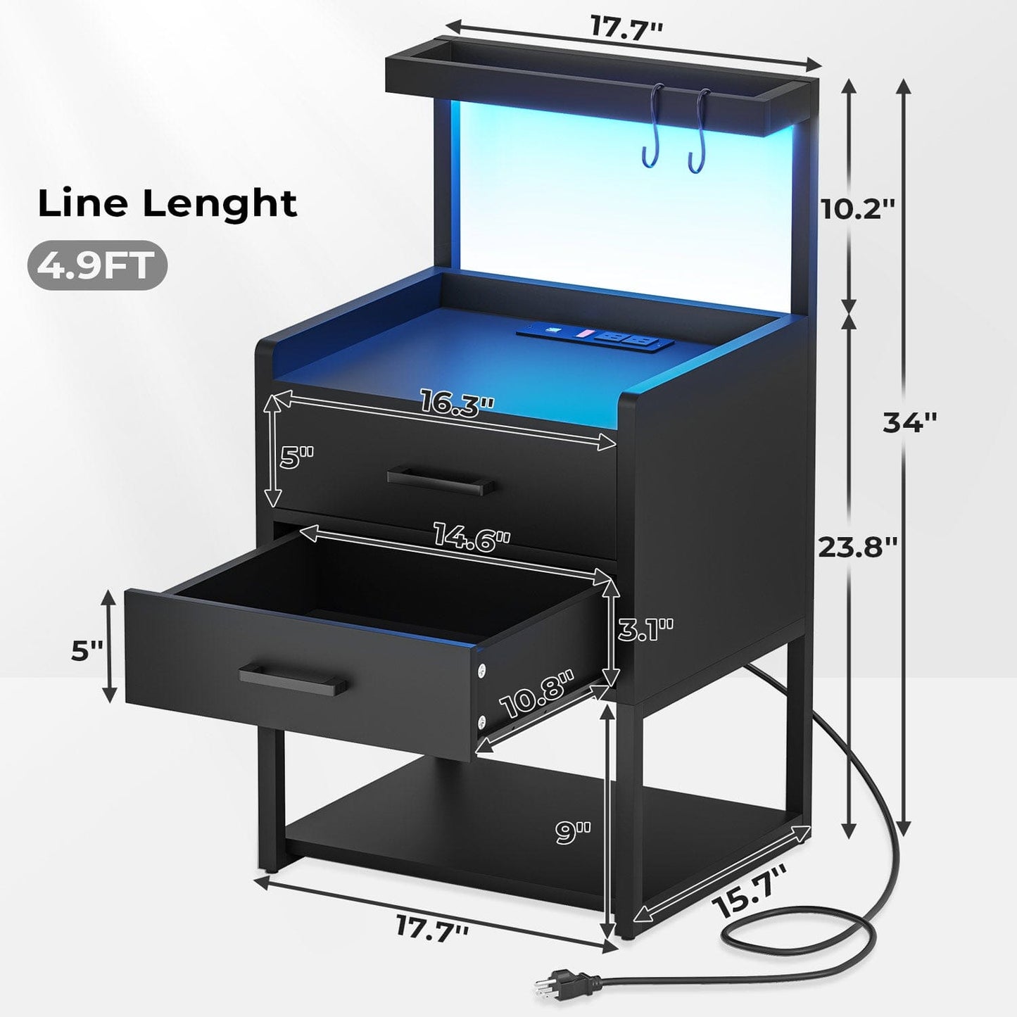 LED Nightstand with Charging Station Black