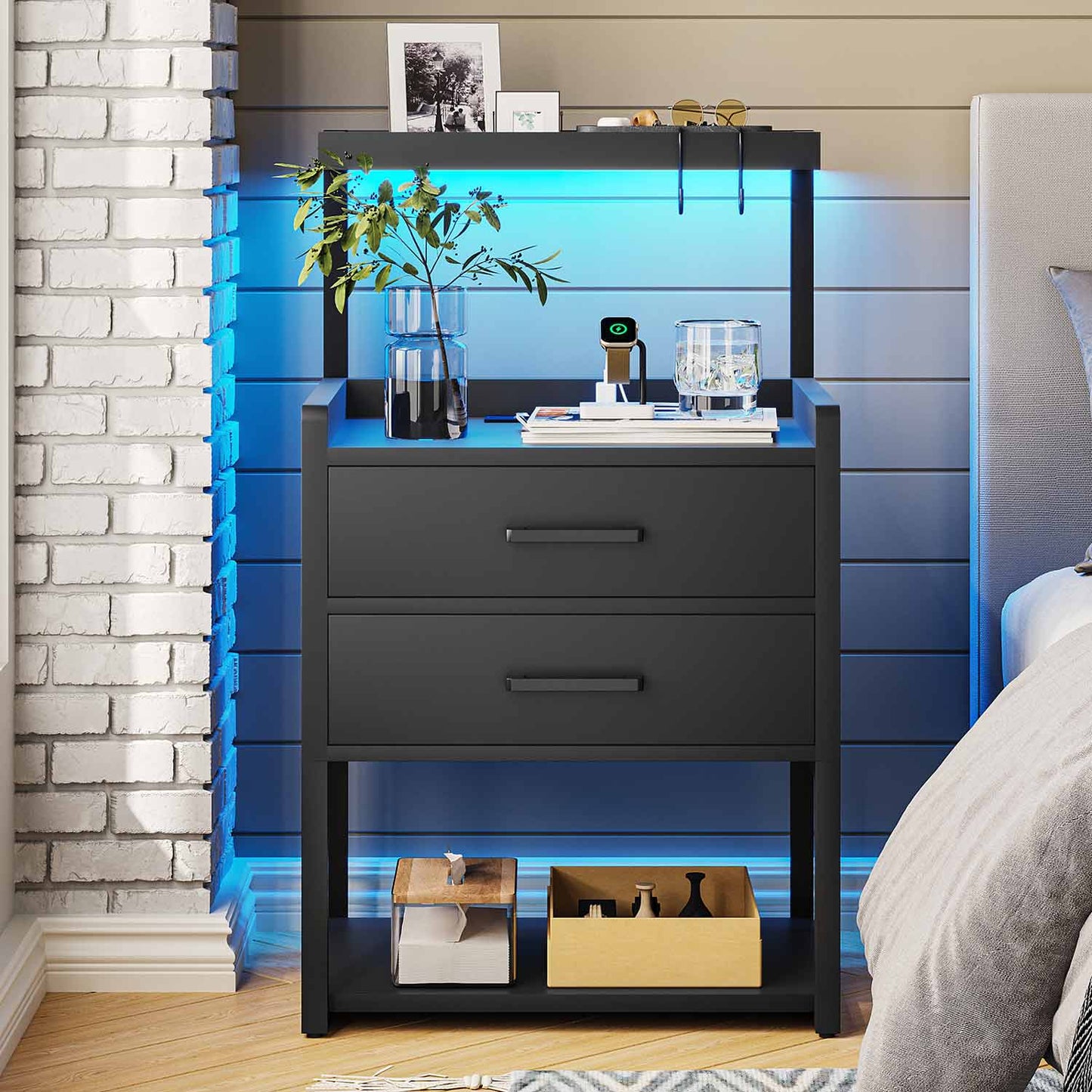 LED Nightstand with Charging Station Black
