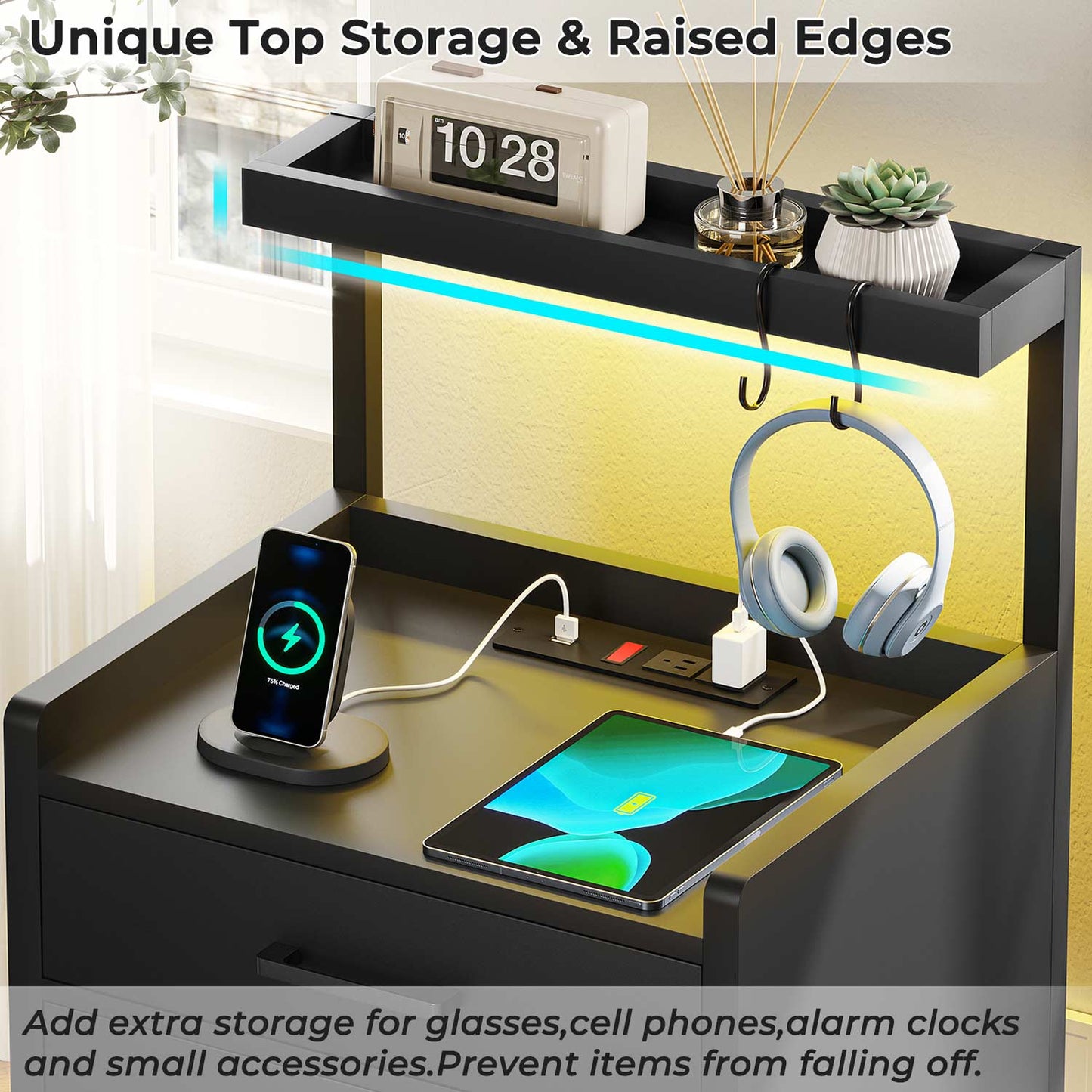 LED Nightstand with Charging Station Black