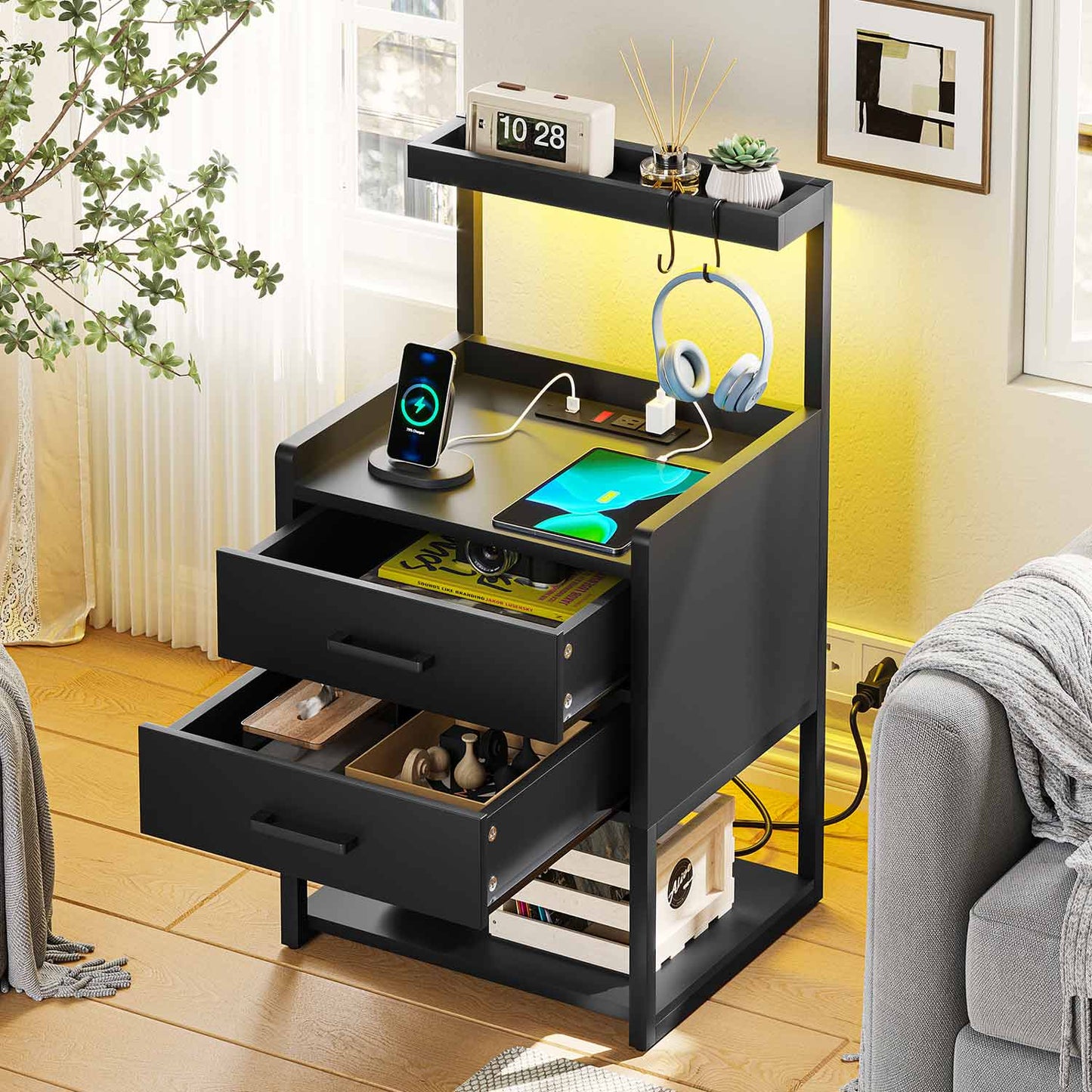LED Nightstand with Charging Station Black