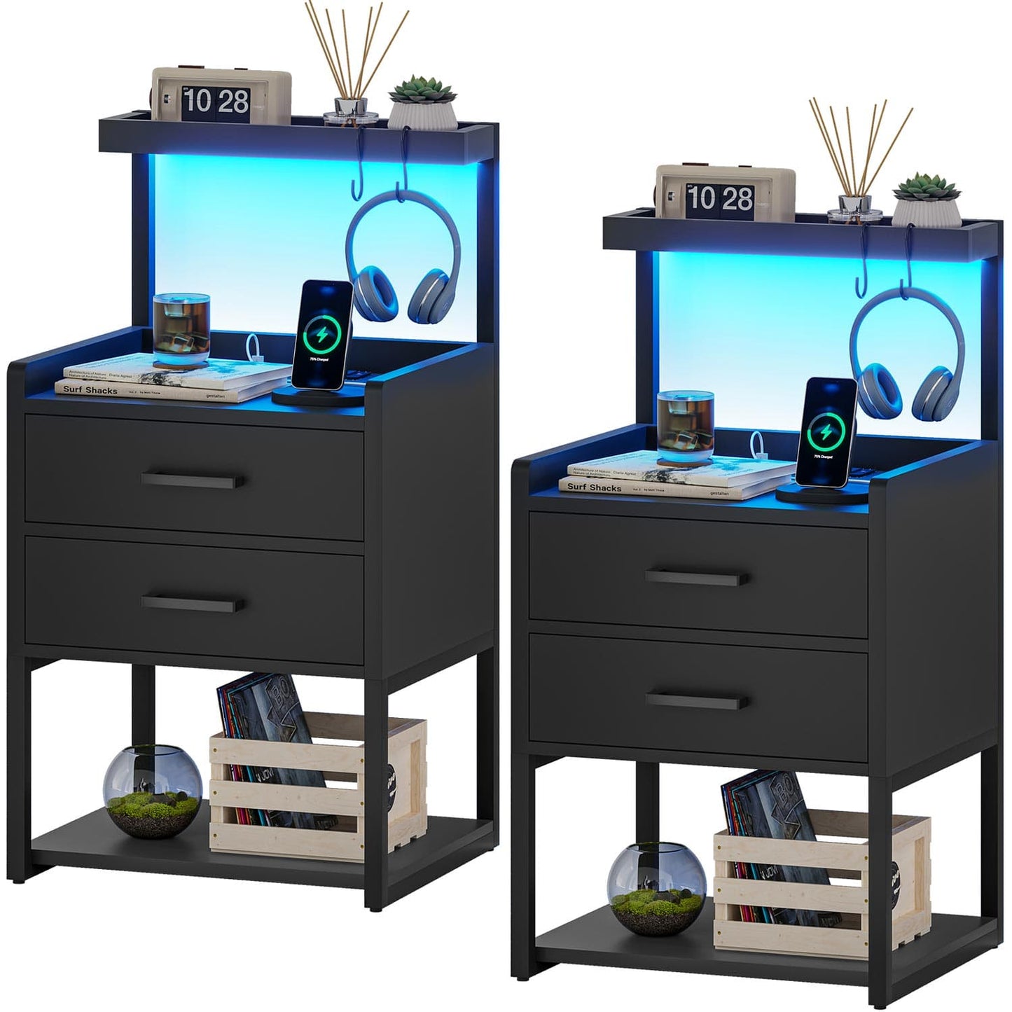 LED Nightstand with Charging Station Black