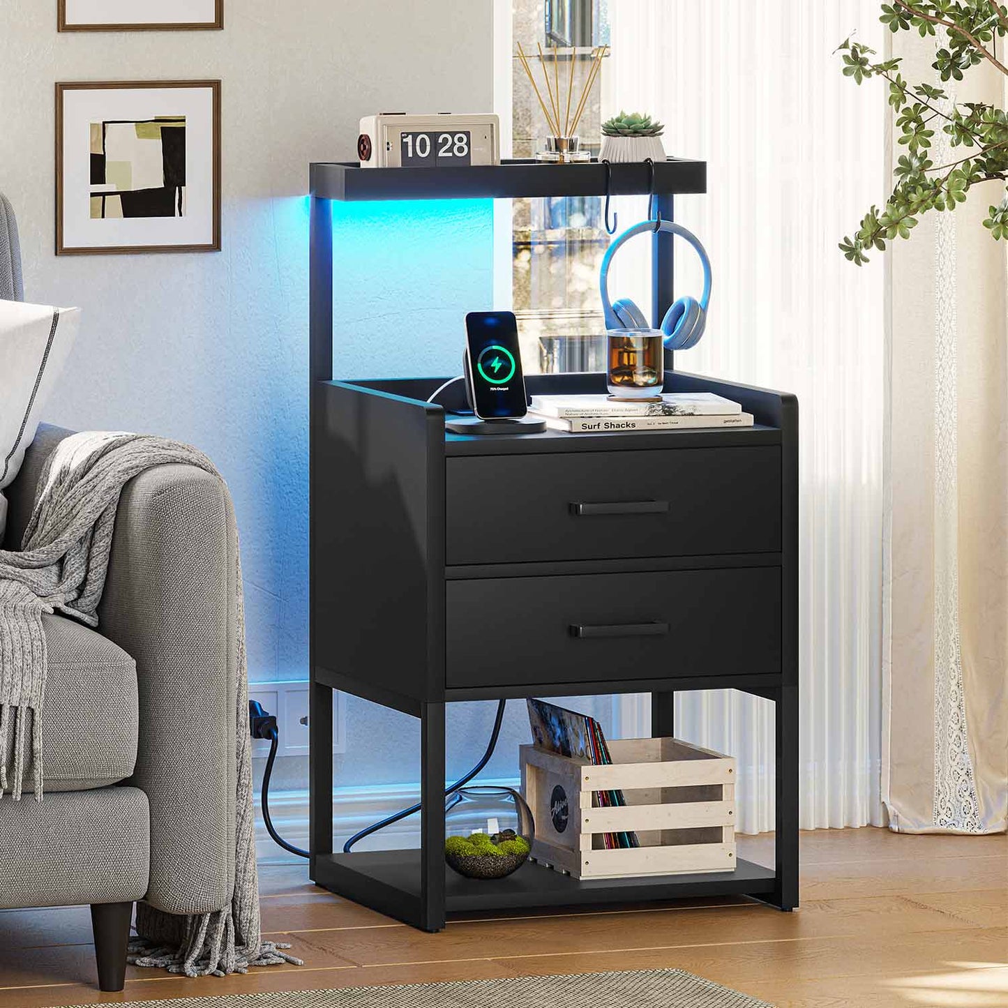 LED Nightstand with Charging Station Black