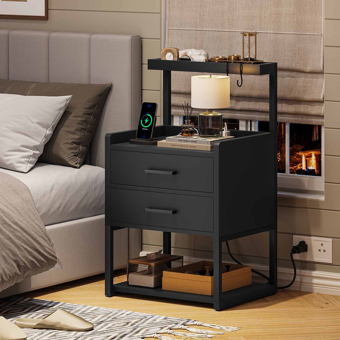 LED Nightstand with Charging Station Black