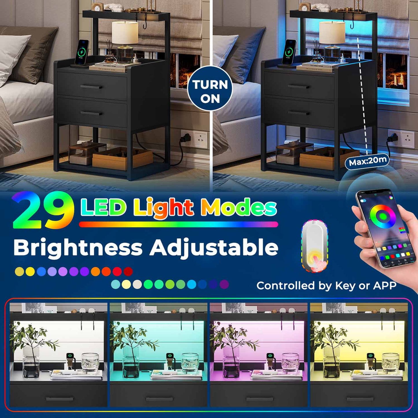 LED Nightstand with Charging Station Black